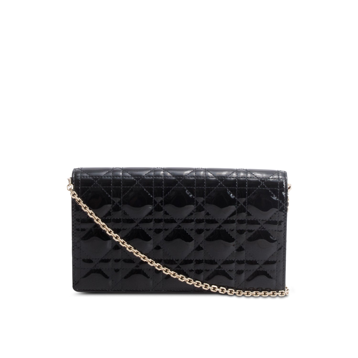 Christian Dior Black Patent Leather Lady Dior Clutch w/ Box, Chain & Insert