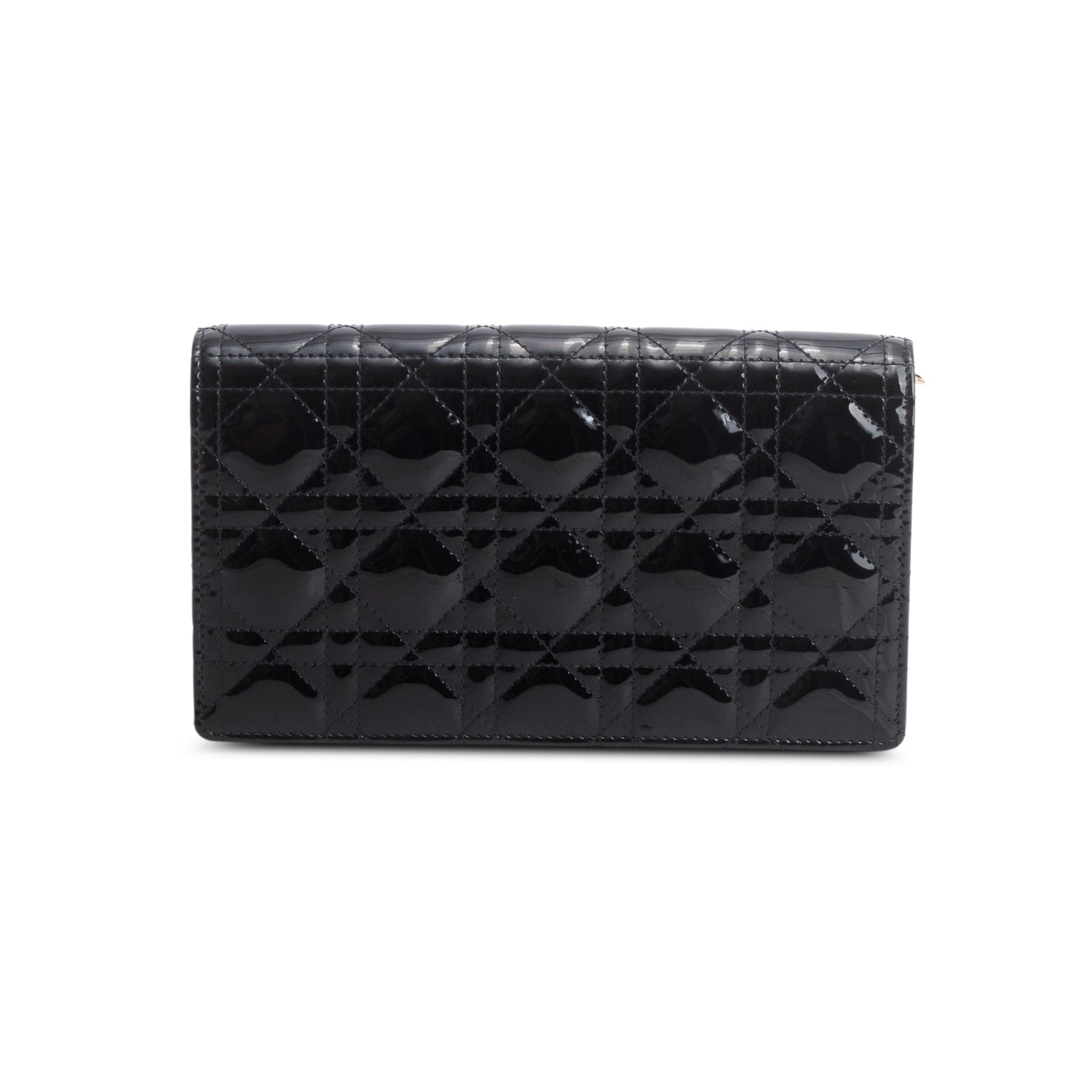 Christian Dior Black Patent Leather Lady Dior Clutch w/ Box, Chain & Insert