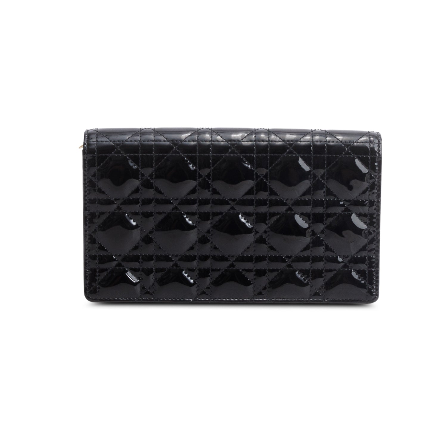 Christian Dior Black Patent Leather Lady Dior Clutch w/ Box, Chain & Insert