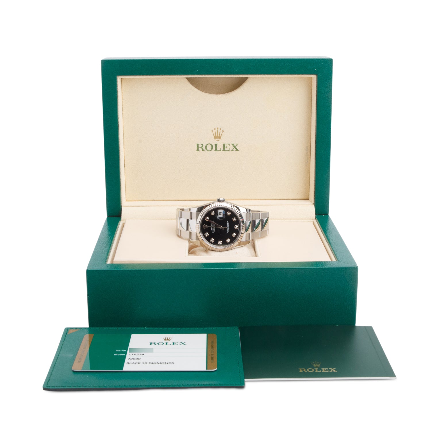 Rolex Stainless Steel Datejust 36 MM Automatic Watch Black Diamond Dial 116234 w/ Box & Papers