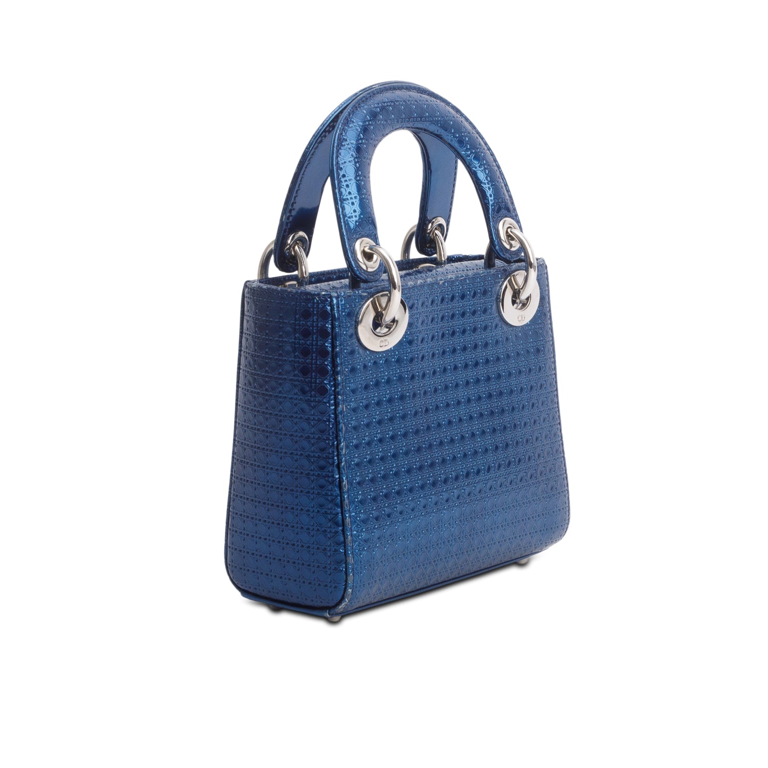 Christian Dior Blue Metallic Patent Micro-Cannage Mini Lady Dior