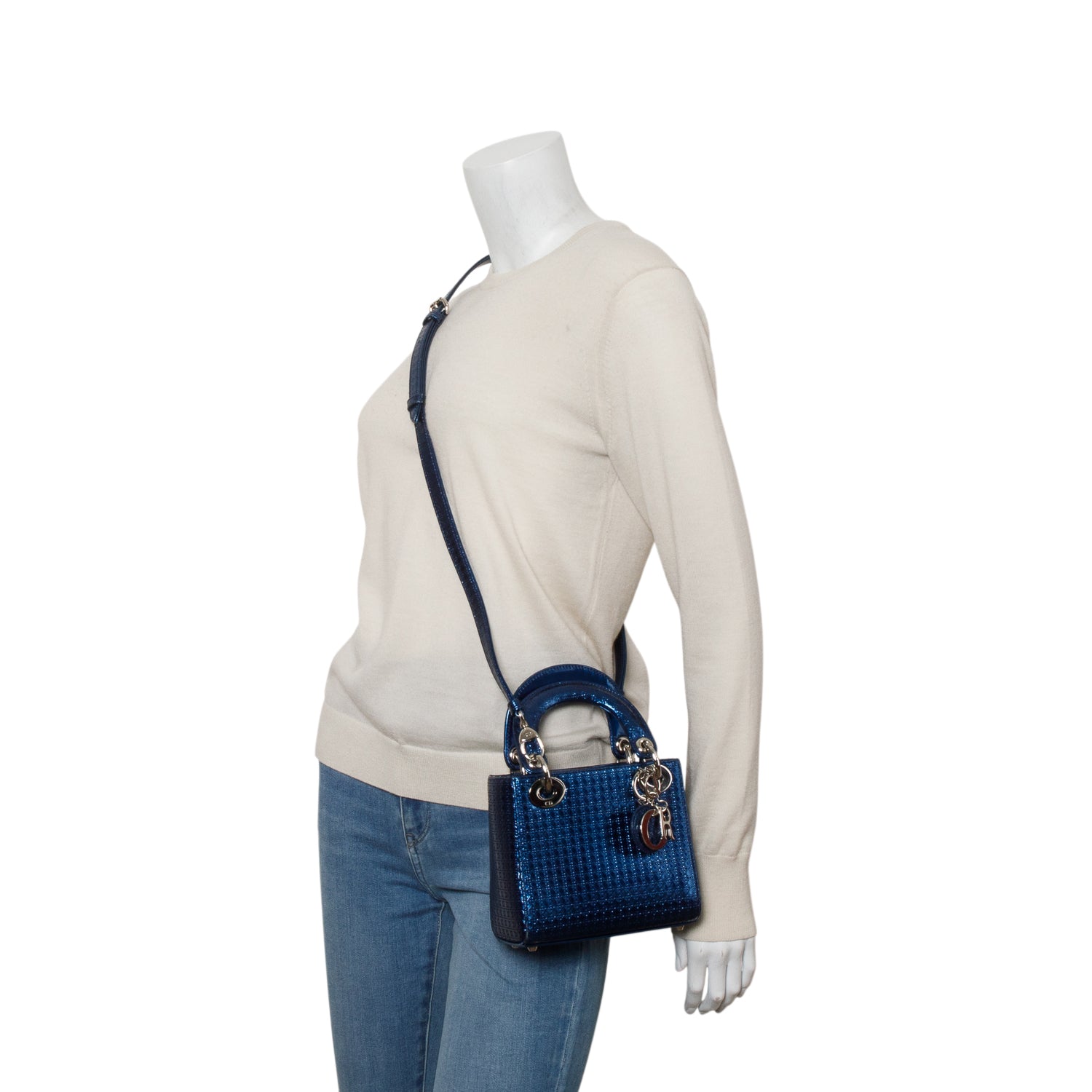 Christian Dior Blue Metallic Patent Micro-Cannage Mini Lady Dior