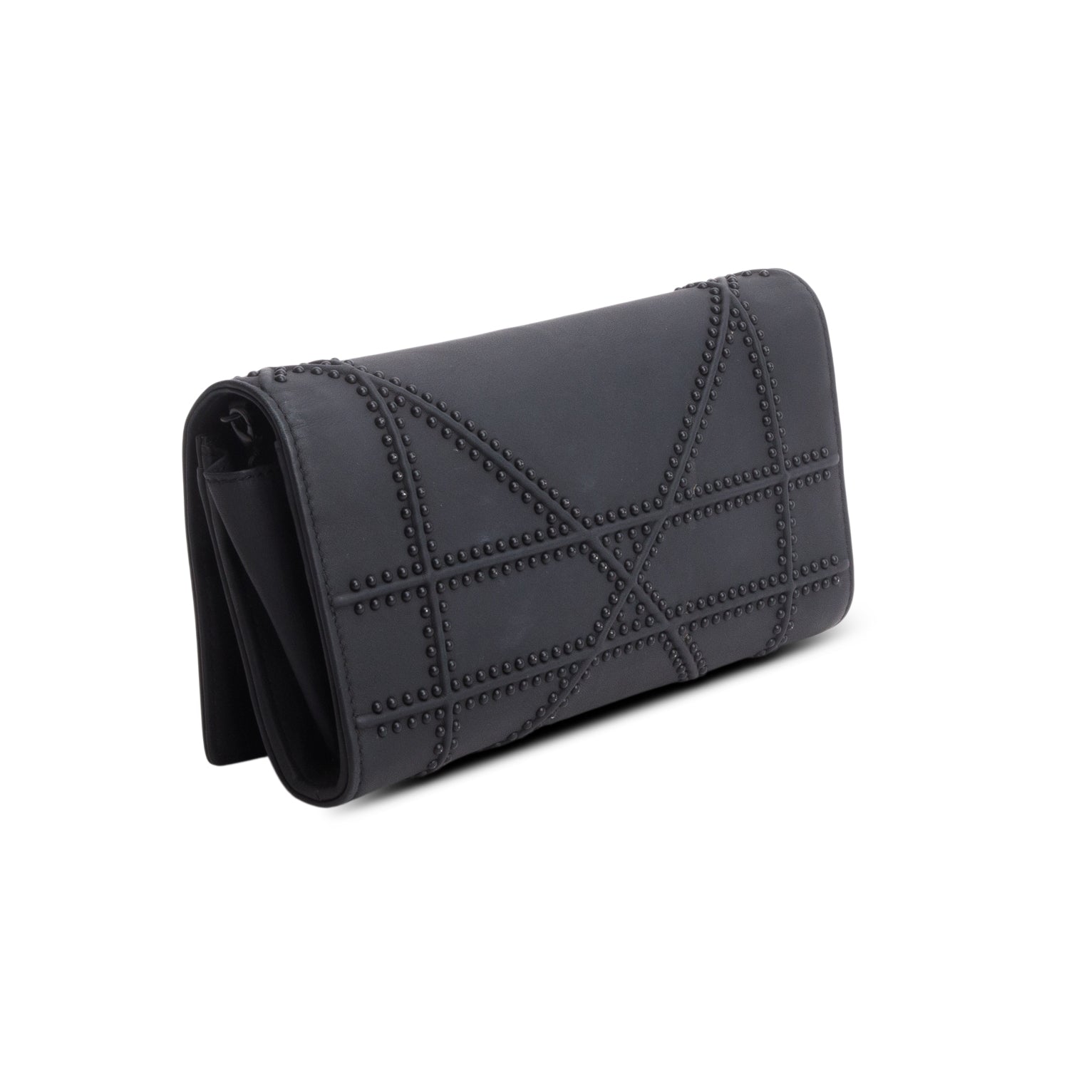 Christian Dior Black Matte Calfskin Studded Diorama Croisiere Chain Wallet w/ Box