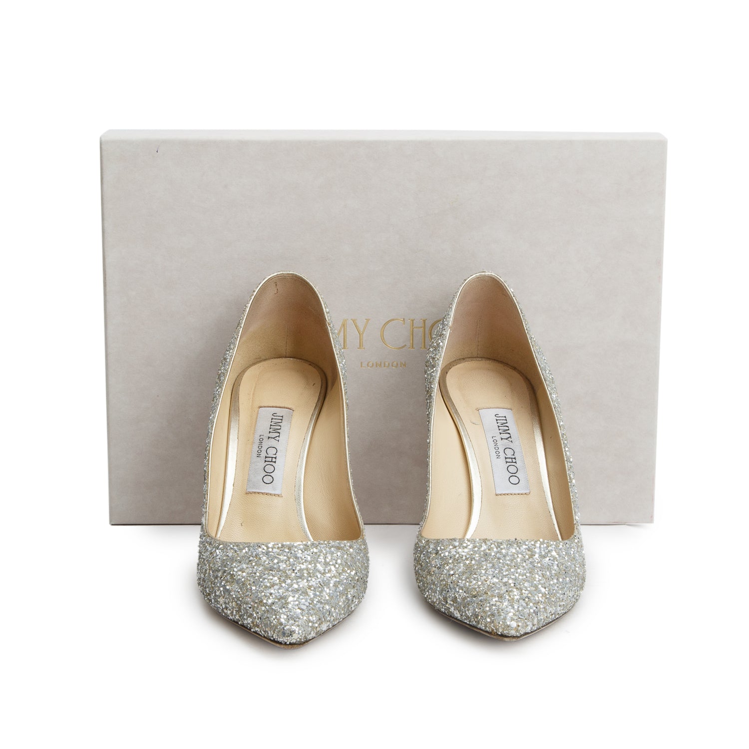 Jimmy Choo Champagne Glitter Romy 85 Pumps, Women's Size 38 w/ Box