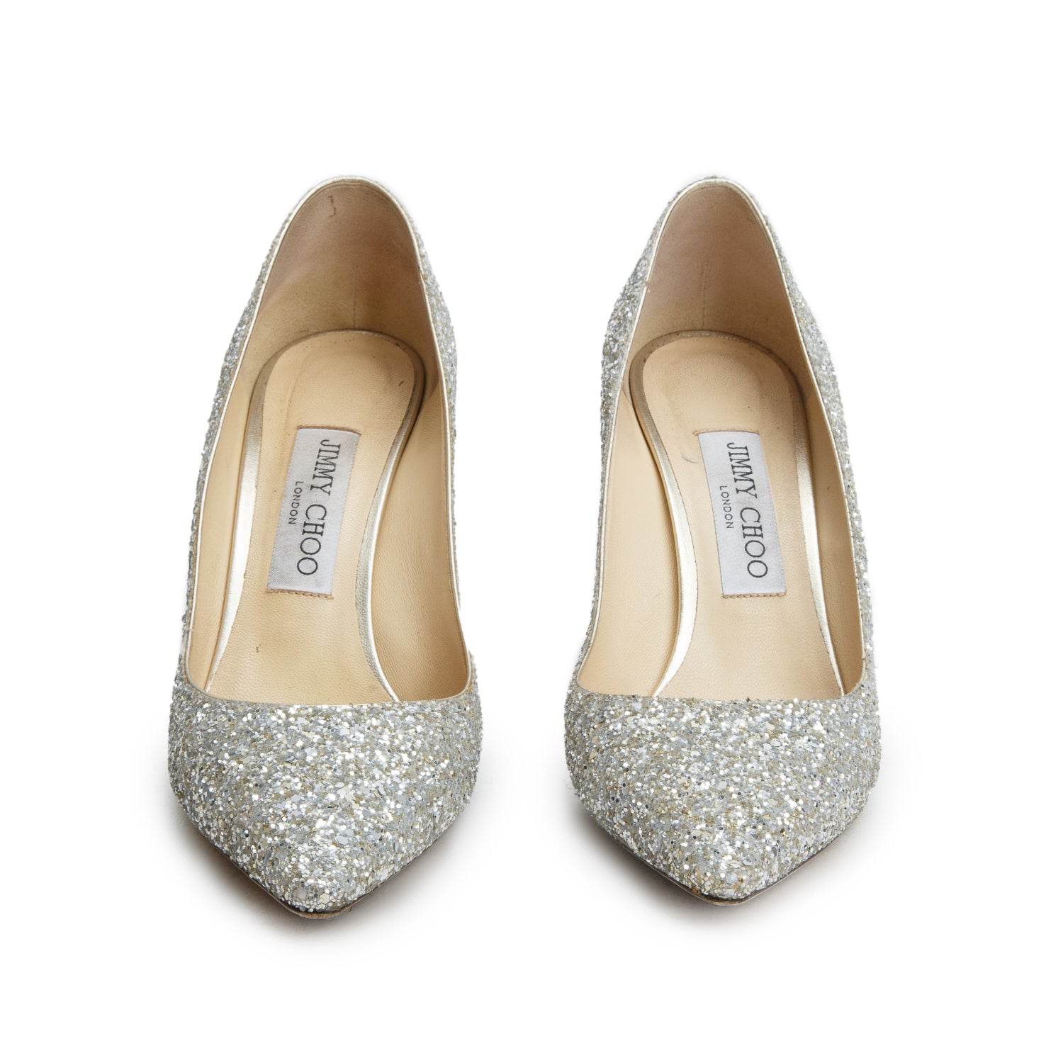 Jimmy Choo Champagne Glitter Romy 85 Pumps, Women's Size 38 w/ Box