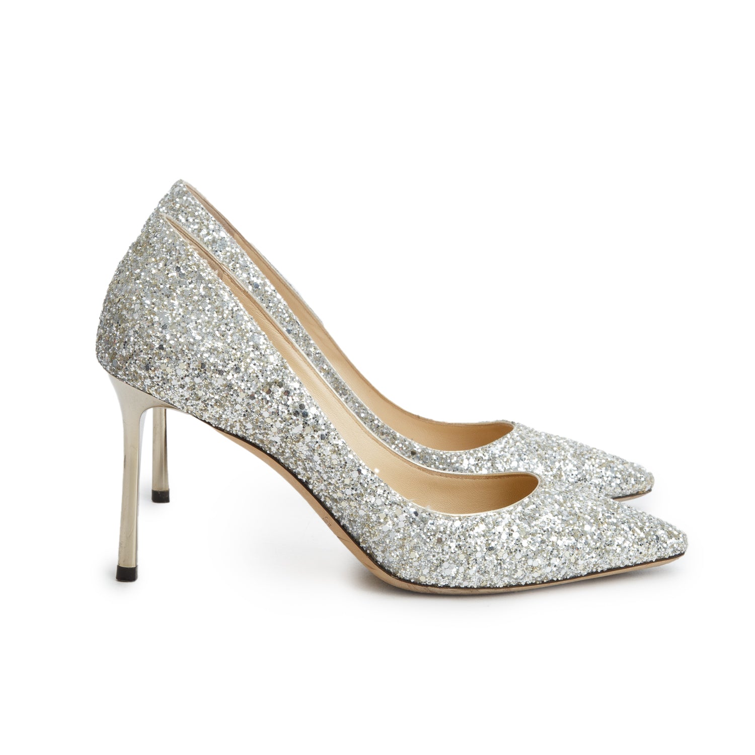 Jimmy Choo Champagne Glitter Romy 85 Pumps, Women's Size 38 w/ Box