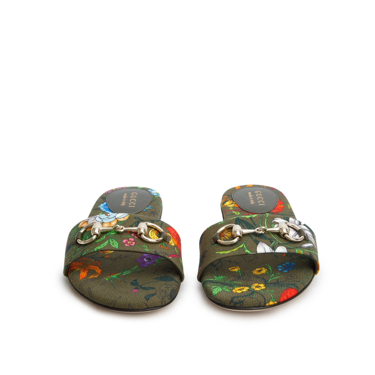 Gucci Green Canvas Flora Print Horsebit Slide Sadals, Women's Size 37 w/ Box