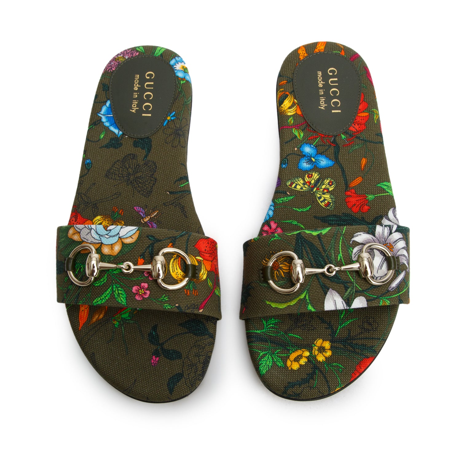 Gucci Green Canvas Flora Print Horsebit Slide Sadals, Women's Size 37 w/ Box