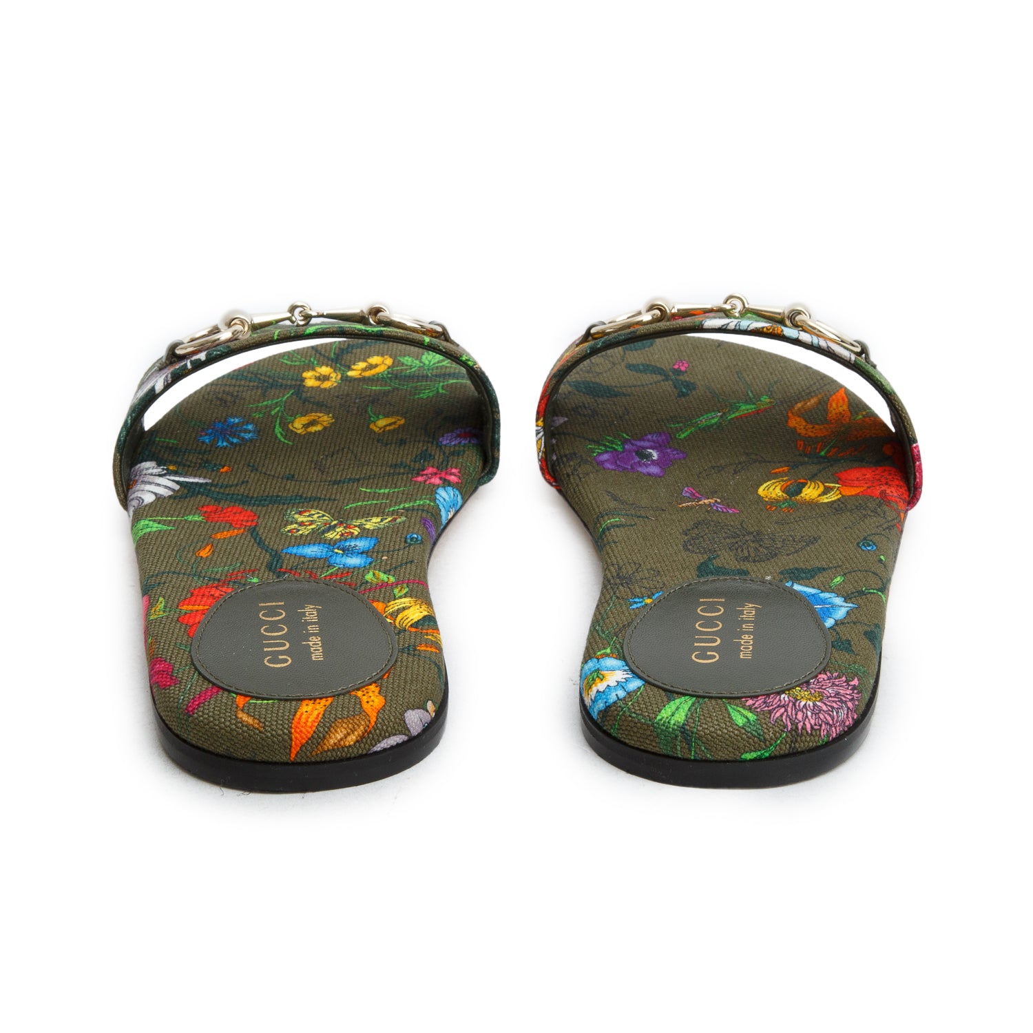 Gucci Green Canvas Flora Print Horsebit Slide Sadals, Women's Size 37 w/ Box