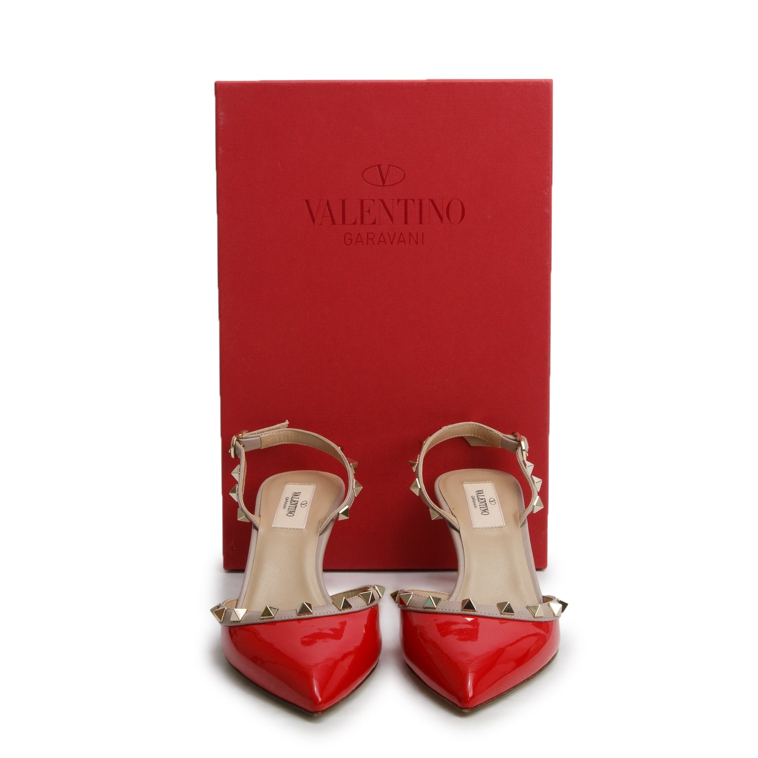 Valentino Red Patent Leather Rockstud Slingback Pumps, Women's Size 37.5
