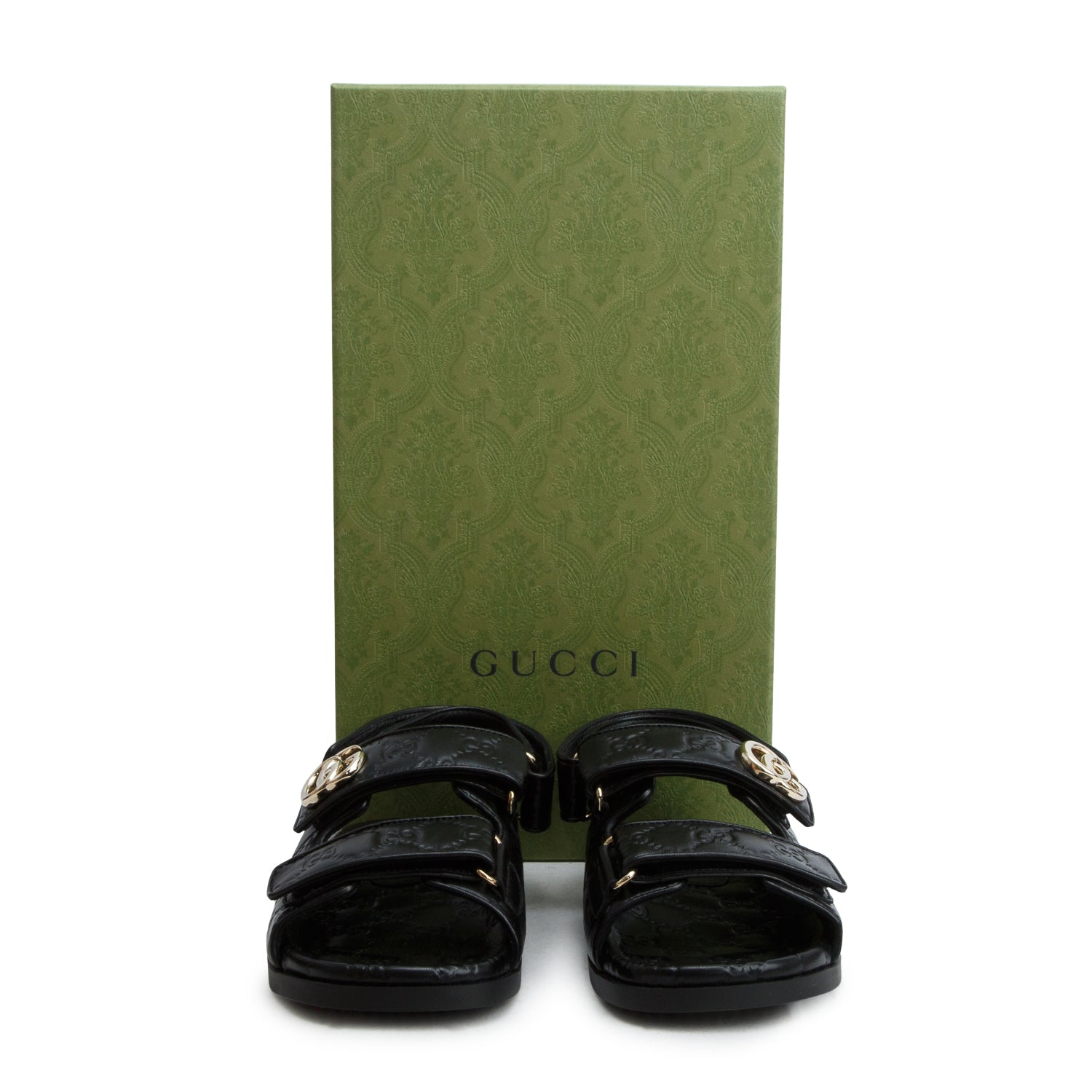 Gucci Black Signature Embossed Sandals, Women's Size 37 w/ Box