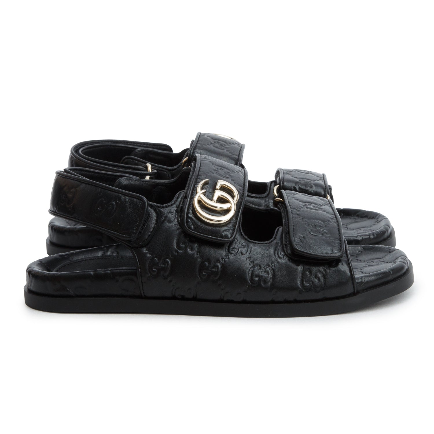 Gucci Black Signature Embossed Sandals, Women's Size 37 w/ Box