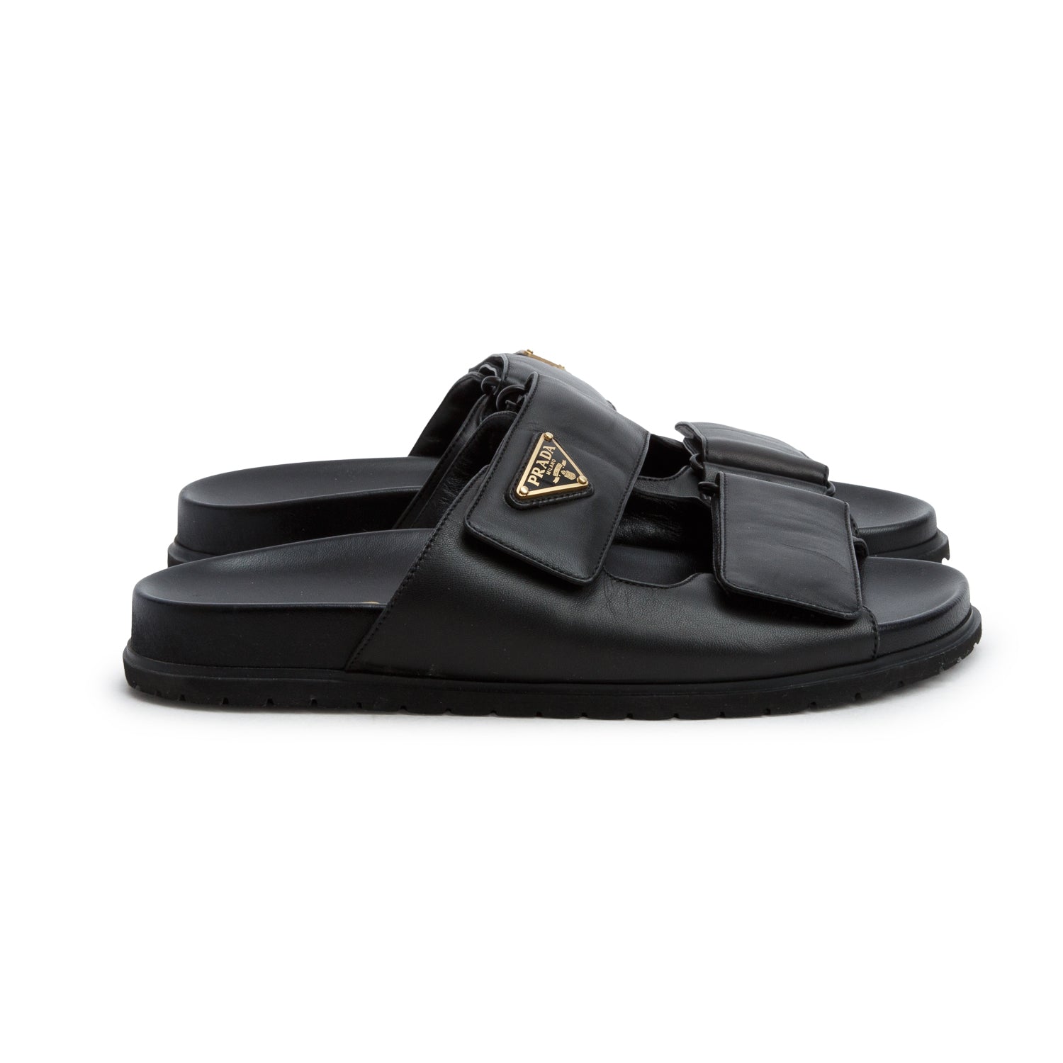 Prada Black Leather Strap Slides, Women's Size 36