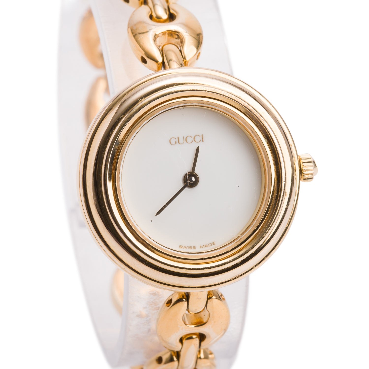 Gucci Gold Plated Stainless Steel 1100 Series 26 MM Watch White Dial w/ Box & 6 Multicolour Bezels