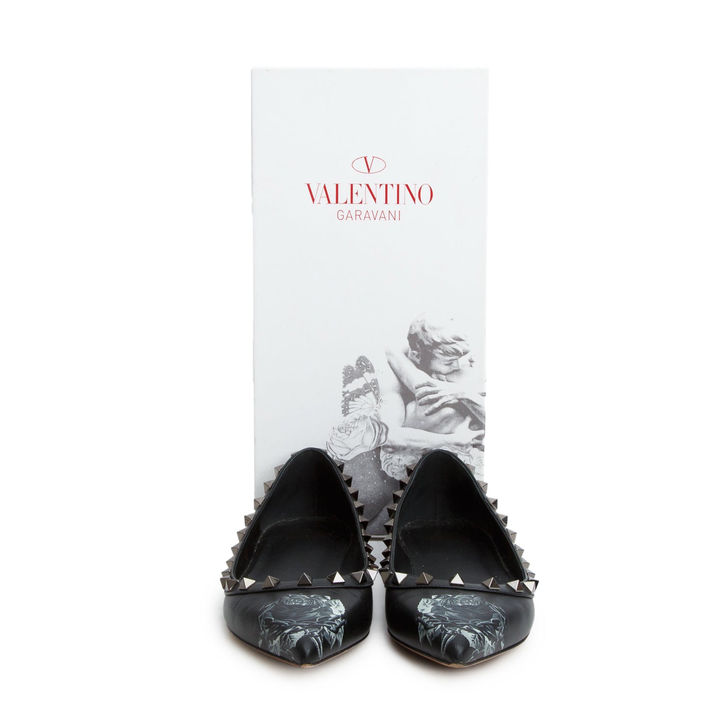 Valentino Black Floral Print Leather Rockstud Flats, Women's Size 37 w/ Box