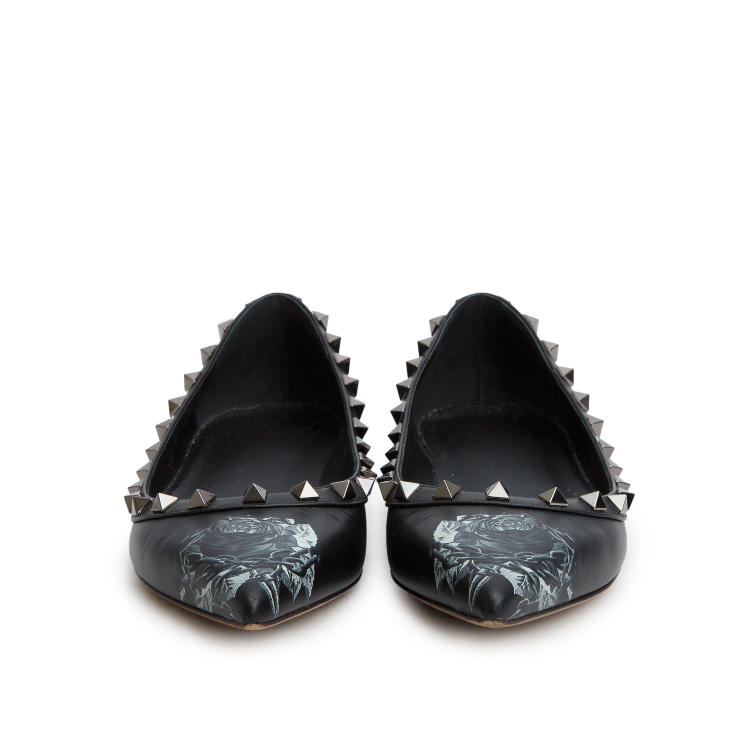 Valentino Black Floral Print Leather Rockstud Flats, Women's Size 37 w/ Box