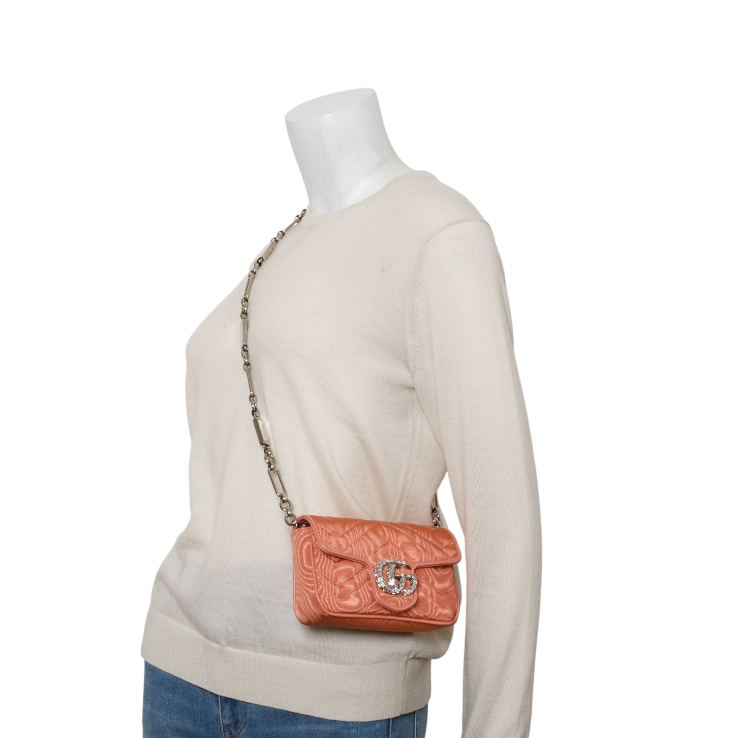 Gucci Pink Moire Fabric Calfskin Crystal Matelasse Mini GG Marmont Chain Belt Bag