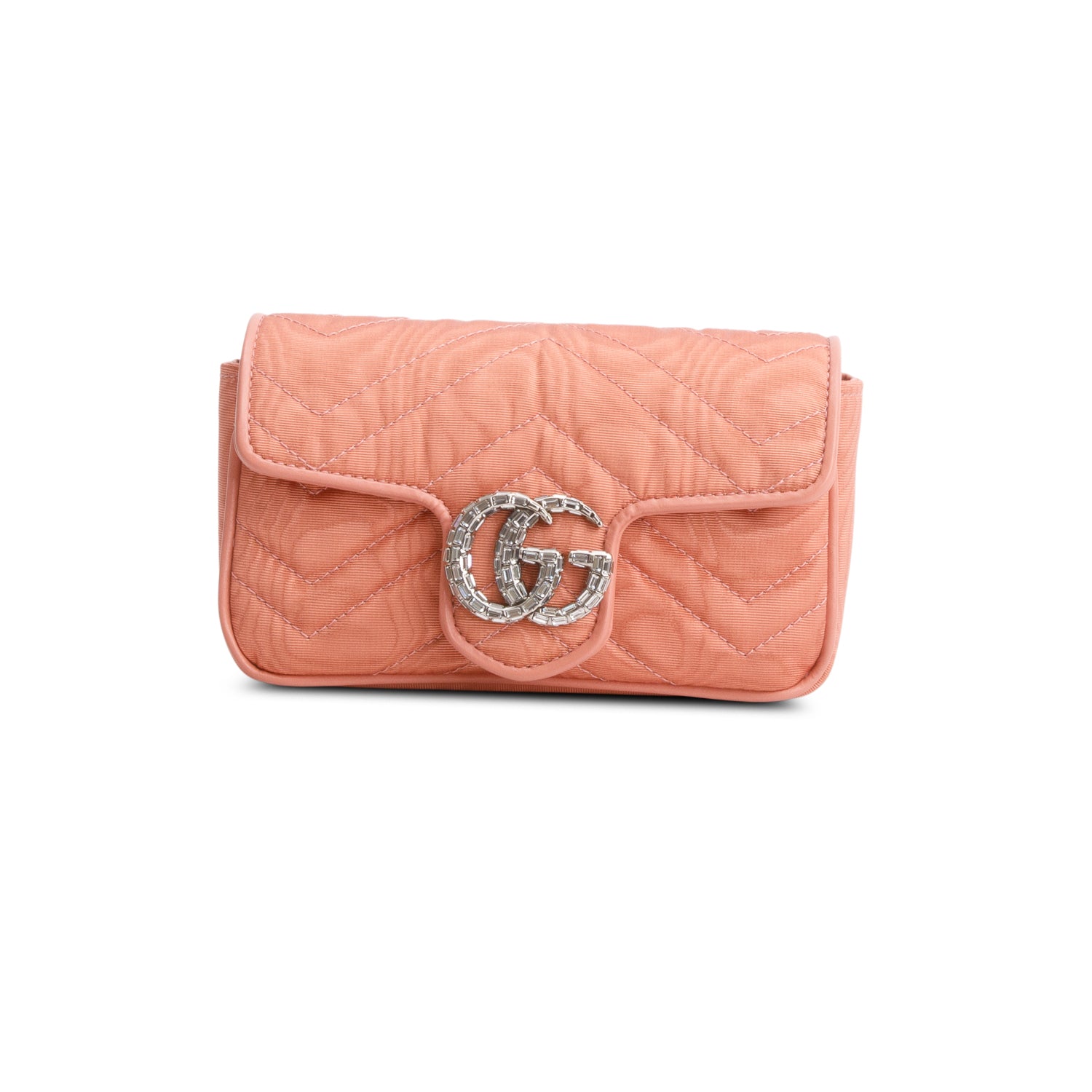 Gucci Pink Moire Fabric Calfskin Crystal Matelasse Mini GG Marmont Chain Belt Bag