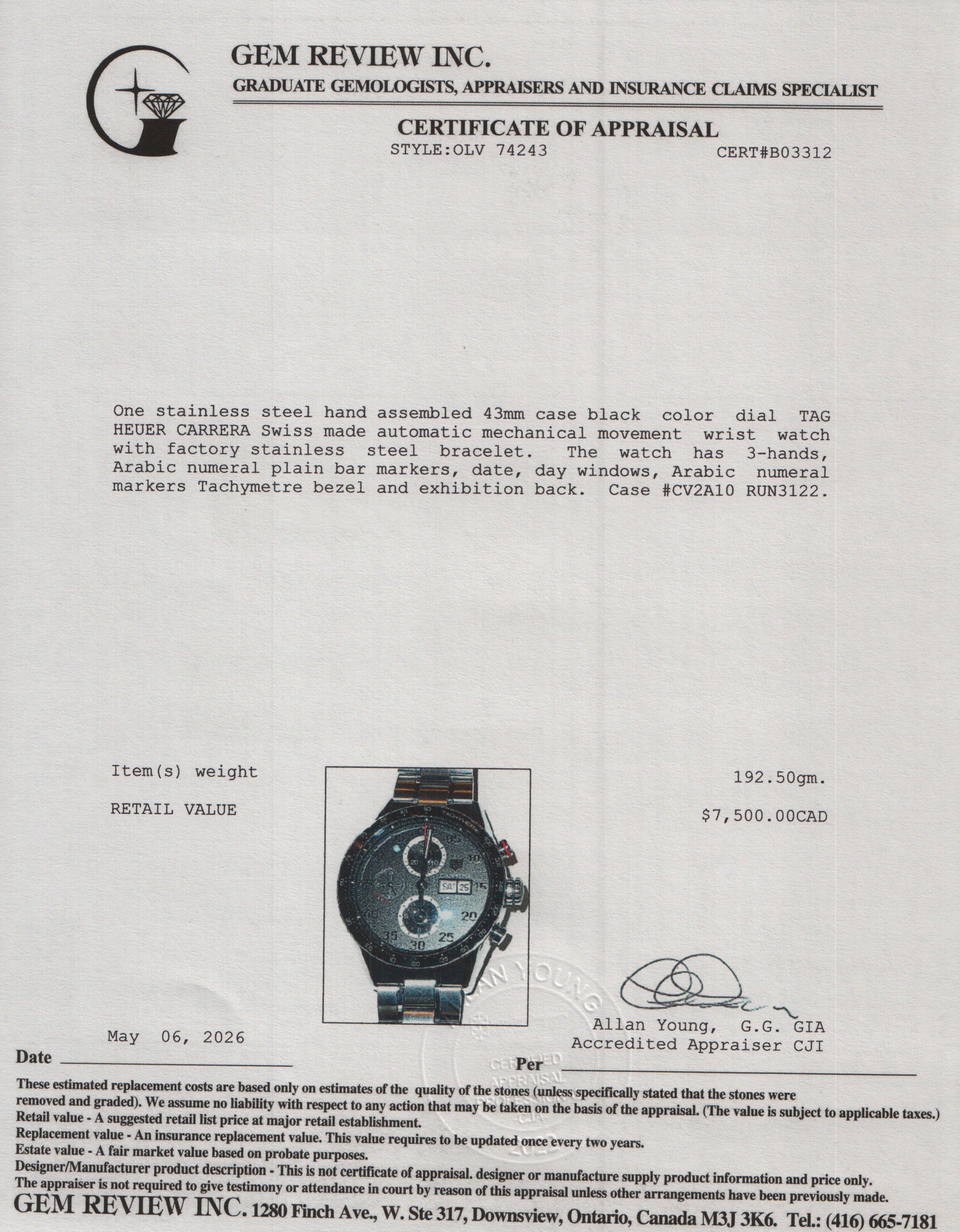 Tag Heuer Stainless Steel Carrera Day Date 43 MM Automatic Chronograph Watch Black Dial CV2A10