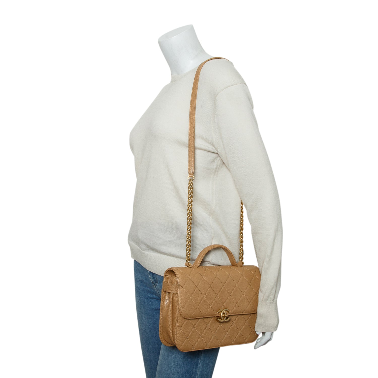 Chanel Beige Caviar Quilted Top Handle Flap Bag w/ Box