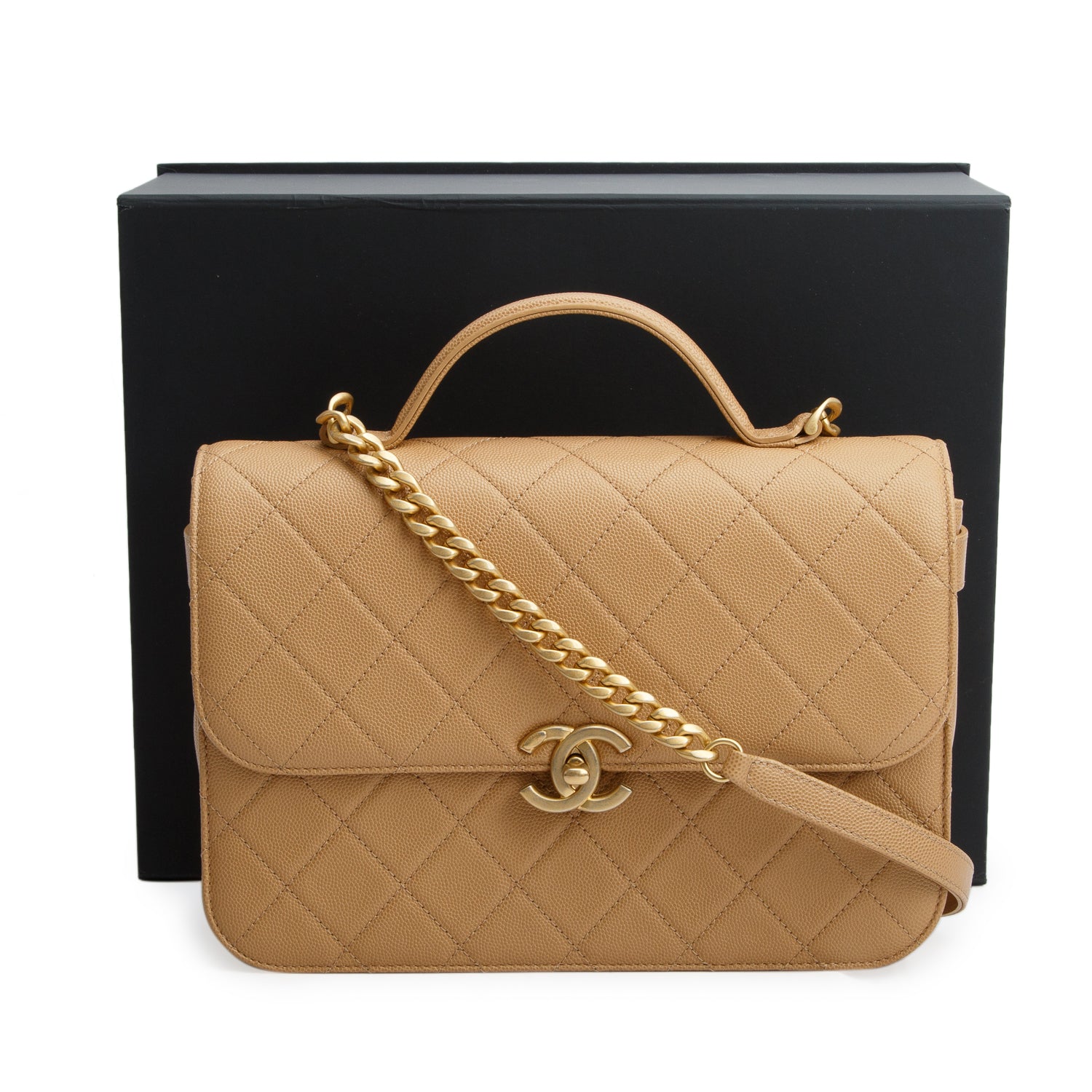 Chanel Beige Caviar Quilted Top Handle Flap Bag w/ Box