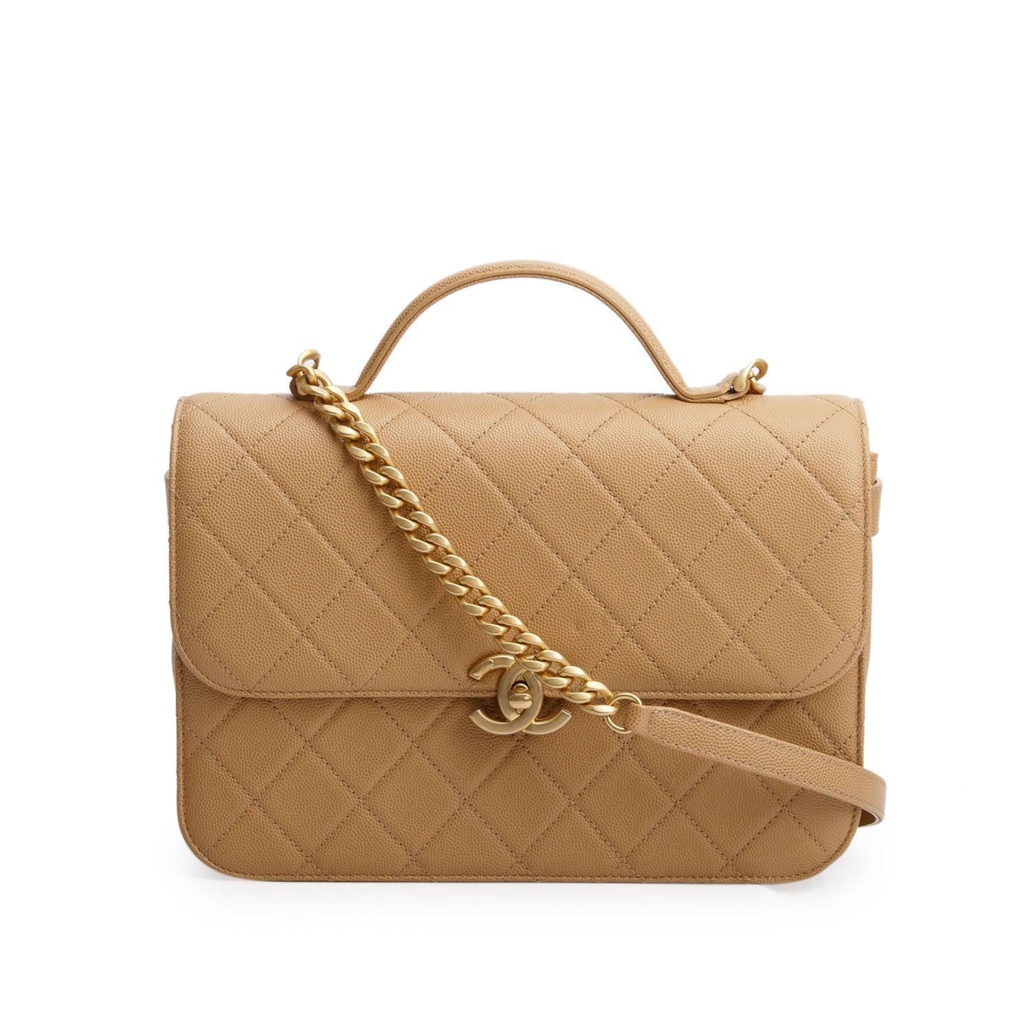 Chanel Beige Caviar Quilted Top Handle Flap Bag w/ Box