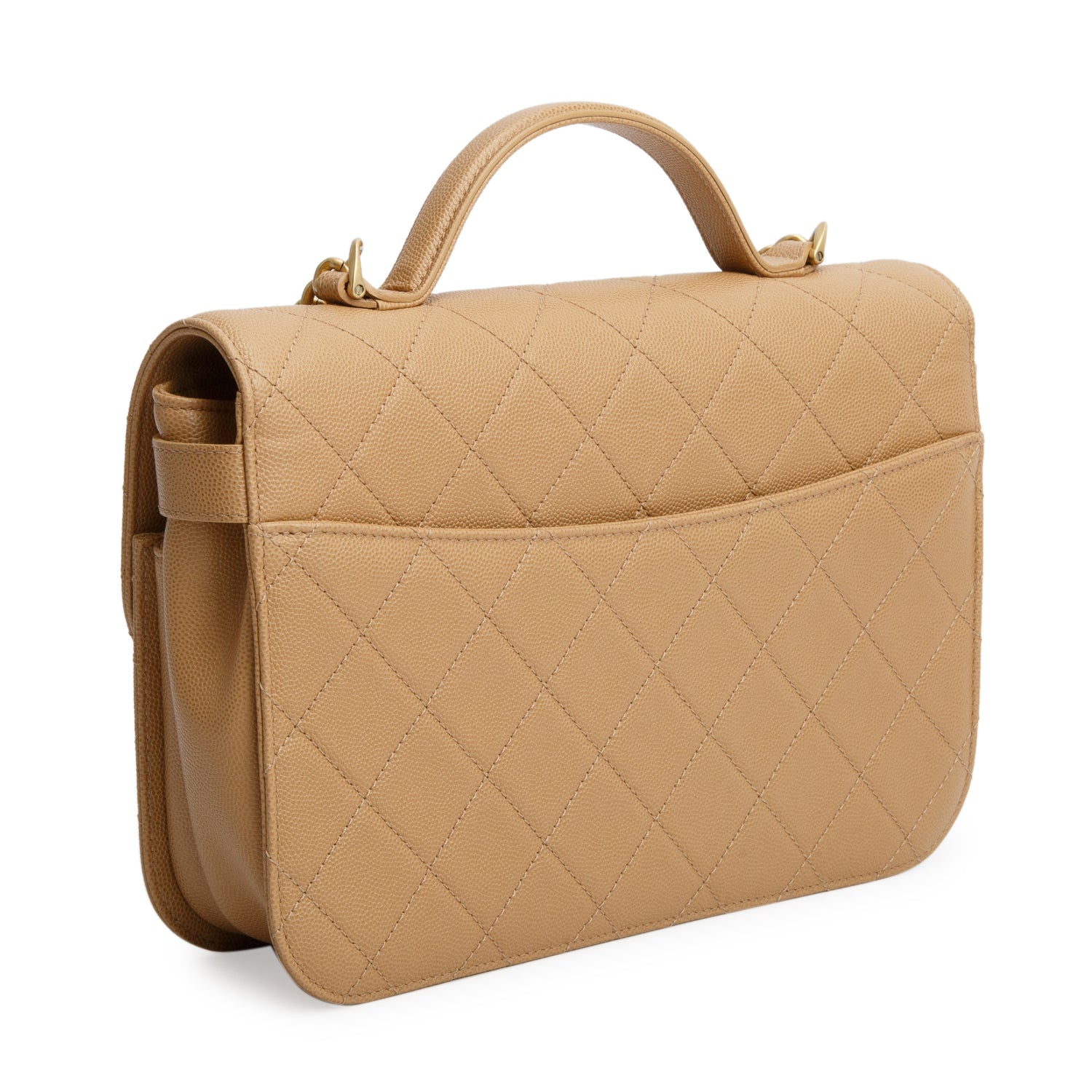 Chanel Beige Caviar Quilted Top Handle Flap Bag w/ Box