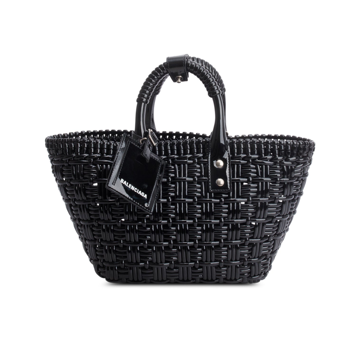 Balenciaga Black Varnished Faux Calfskin Braided XS Bistro Basket w/ Strap