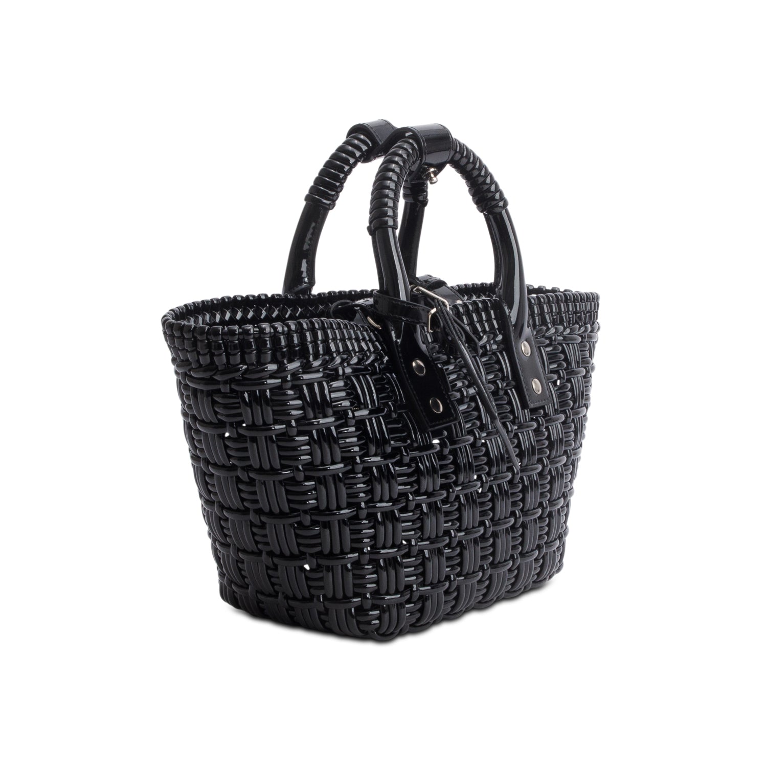 Balenciaga Black Varnished Faux Calfskin Braided XS Bistro Basket w/ Strap
