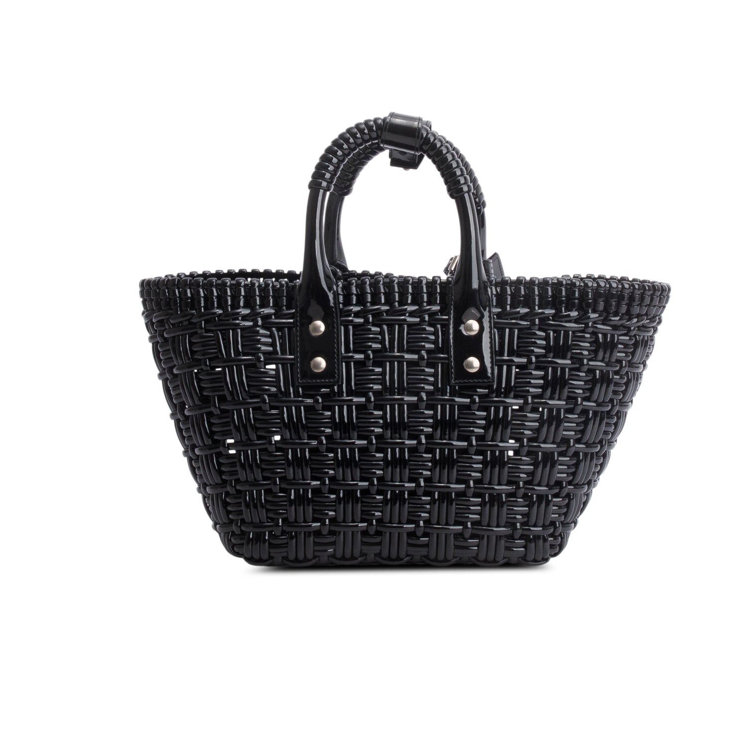 Balenciaga Black Varnished Faux Calfskin Braided XS Bistro Basket w/ Strap