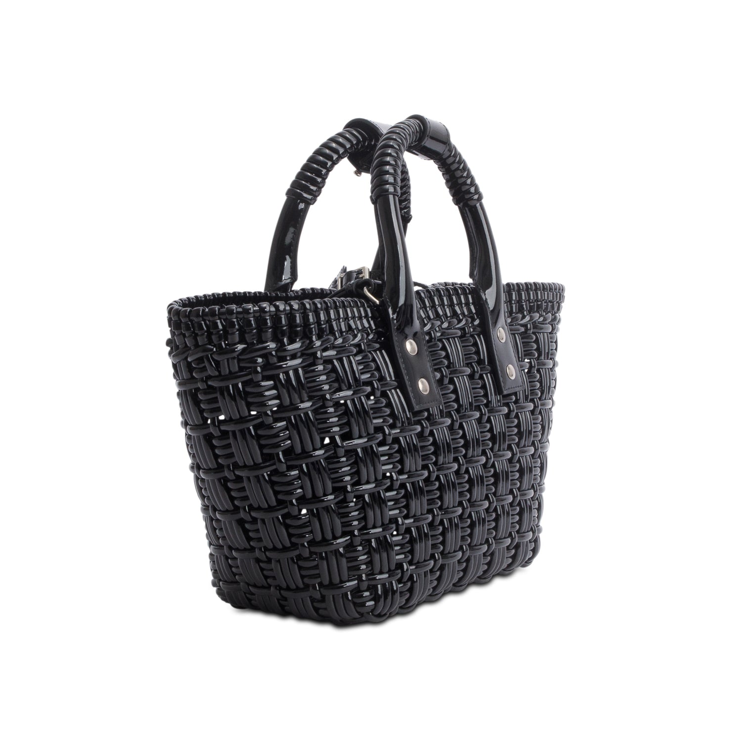 Balenciaga Black Varnished Faux Calfskin Braided XS Bistro Basket w/ Strap