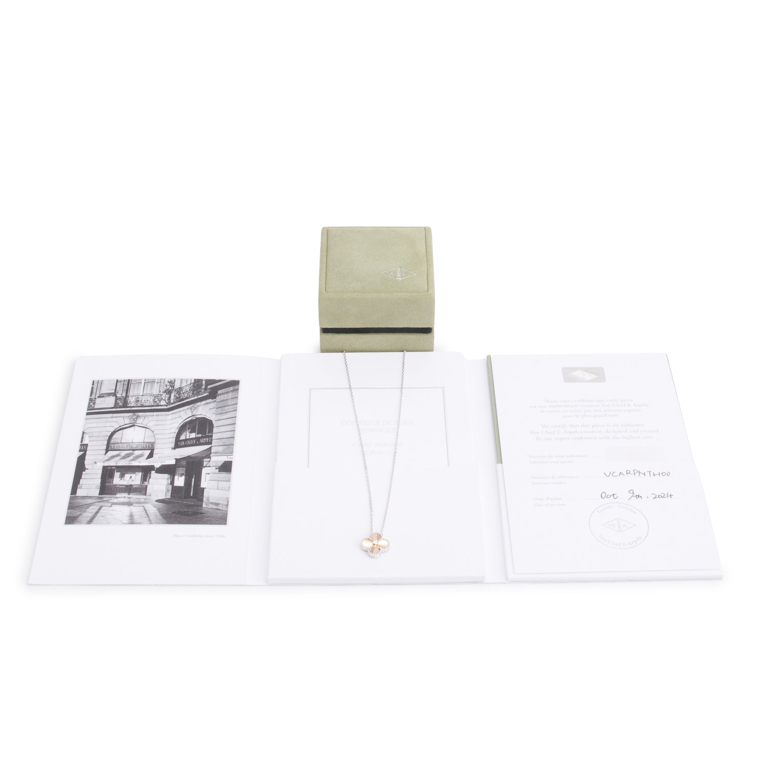 Van Cleef & Arpels 2024 Limited Edition 18k White Gold Vintage Alhambra Diamond Guilloche Holiday Pendant Necklace w/ Box & Certificate