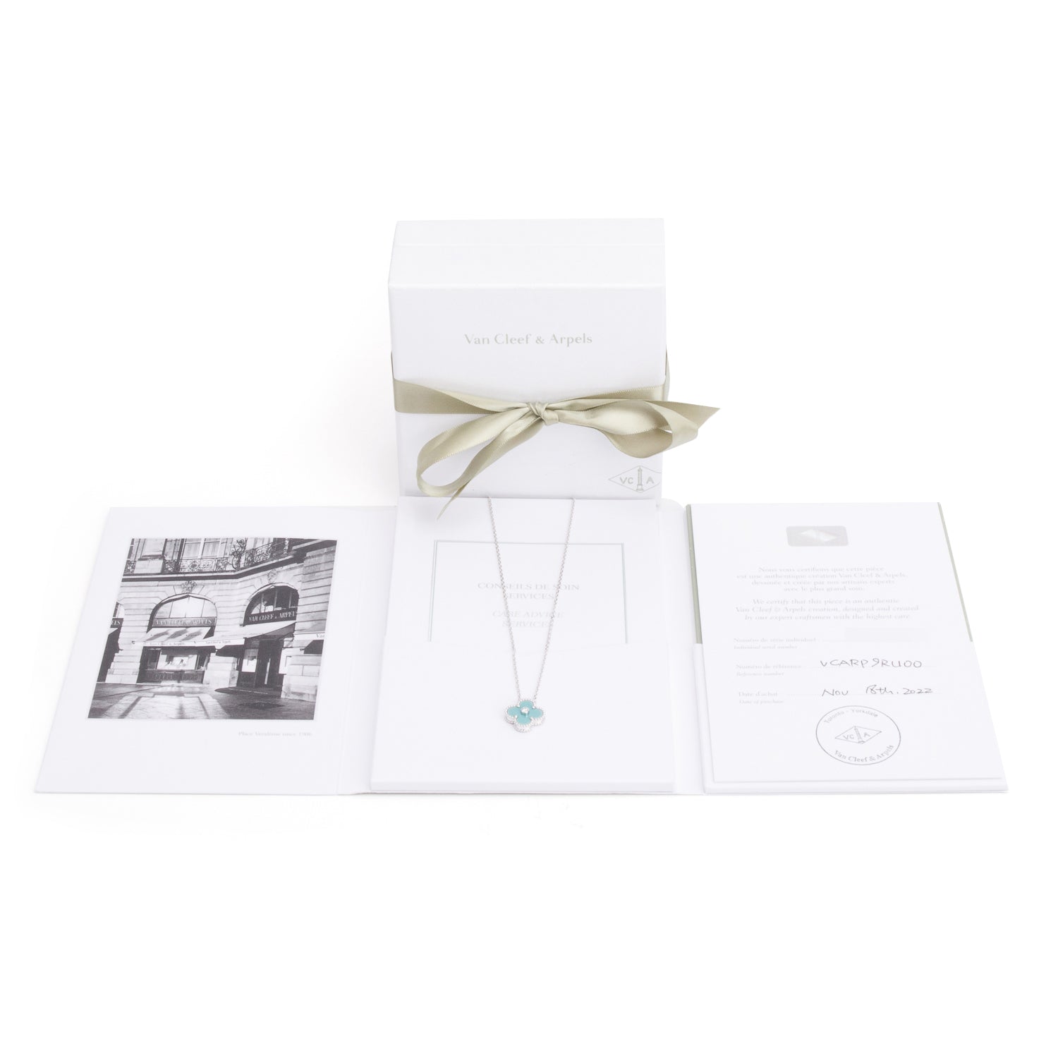 Van Cleef & Arpels 2022 Limited Edition 18k White Gold Vintage Alhambra Diamond Sevres Porcelain Holiday Pendant Necklace w/ Box & Certificate