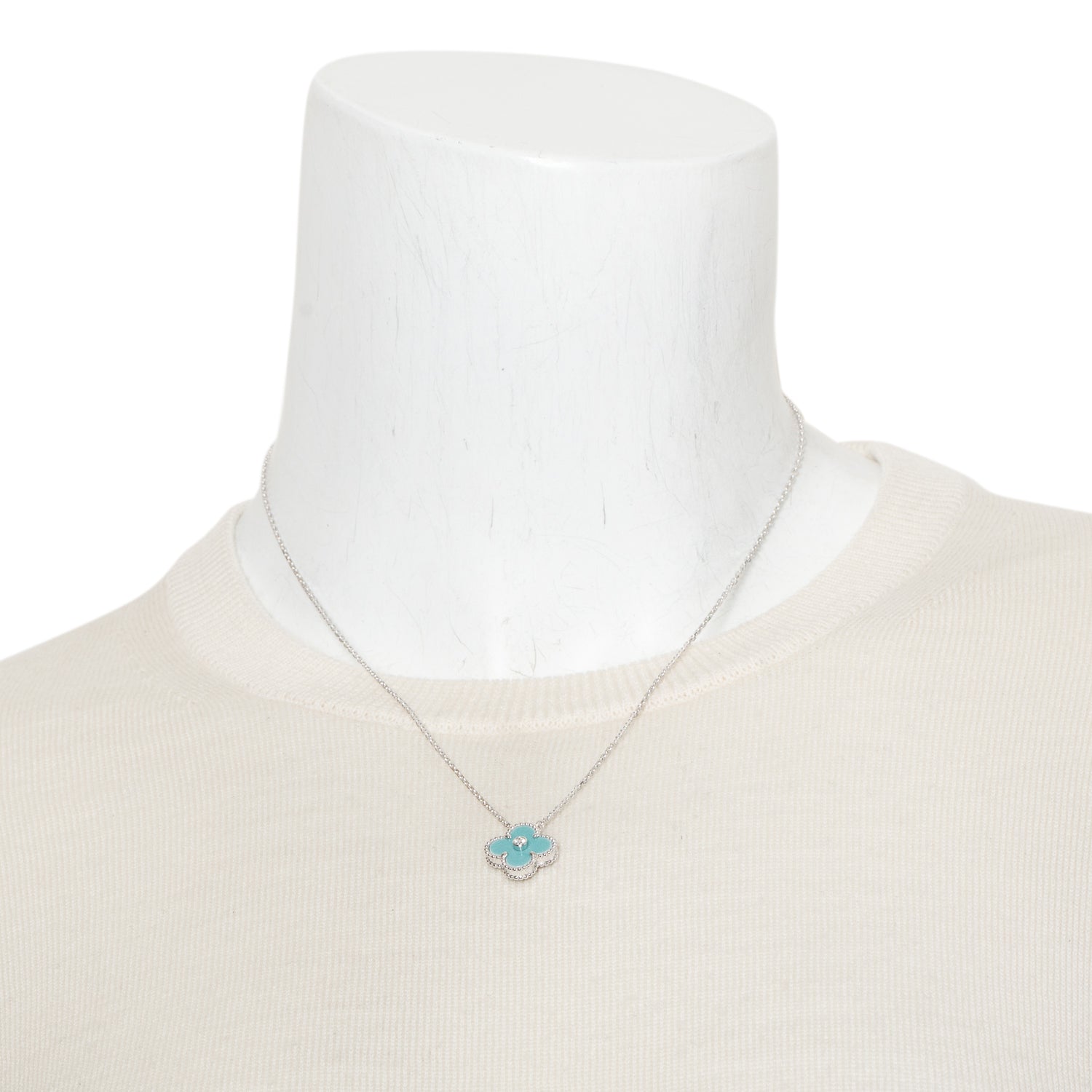 Van Cleef & Arpels 2022 Limited Edition 18k White Gold Vintage Alhambra Diamond Sevres Porcelain Holiday Pendant Necklace w/ Box & Certificate