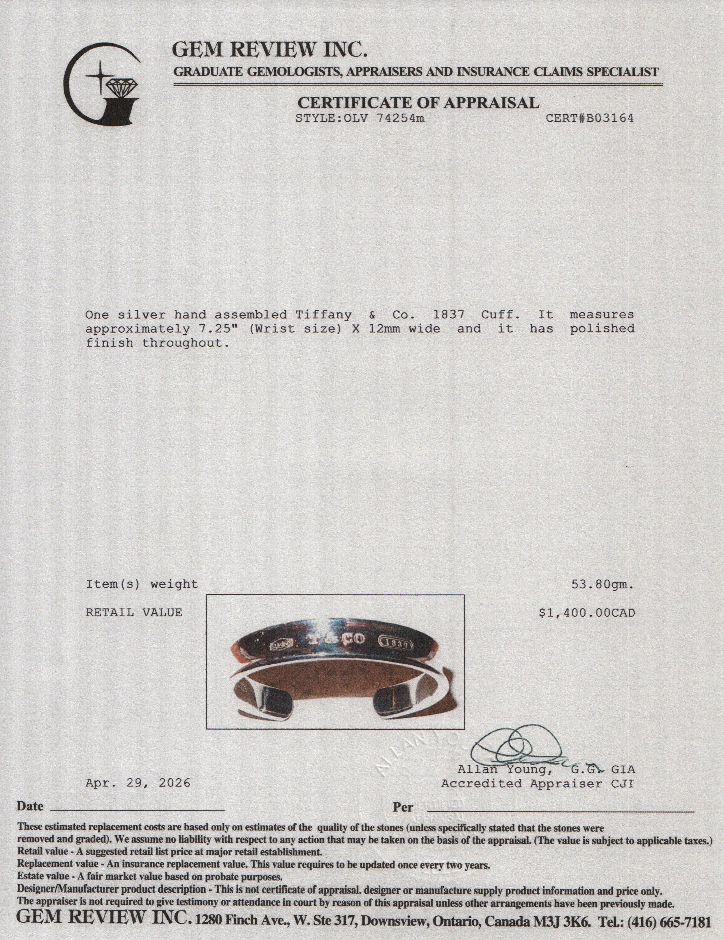 Tiffany & Co. Sterling Silver 1837 12 MM Cuff