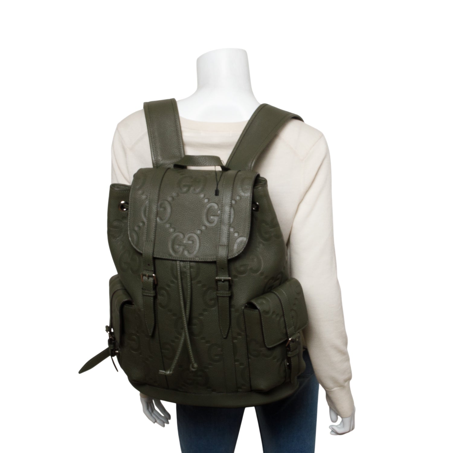 Gucci Green Piuma Calfskin Jumbo GG Embossed Double Buckle Backpack