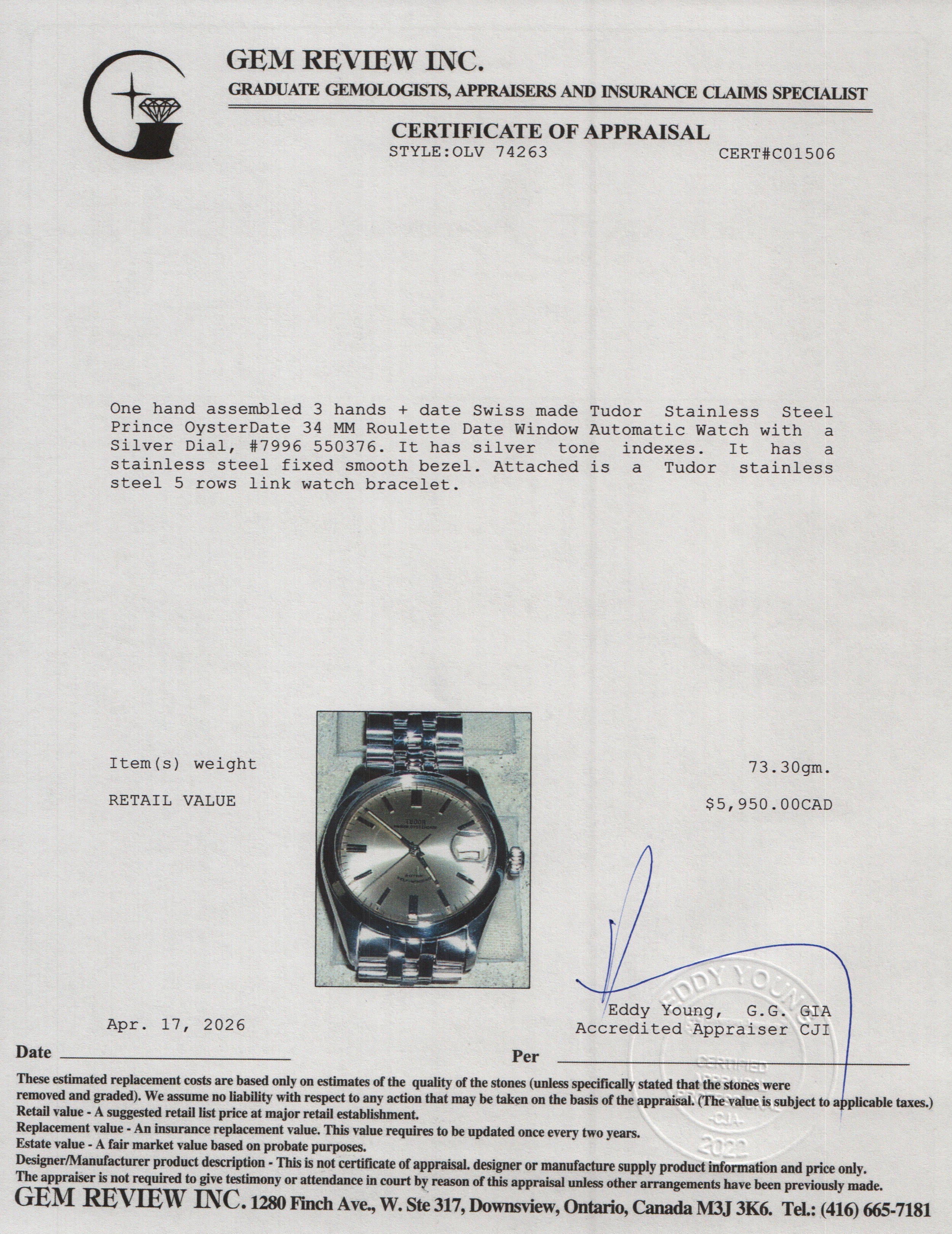 Tudor Stainless Steel Prince OysterDate 34 MM Roulette Date Window Automatic Watch Silver Dial 7996