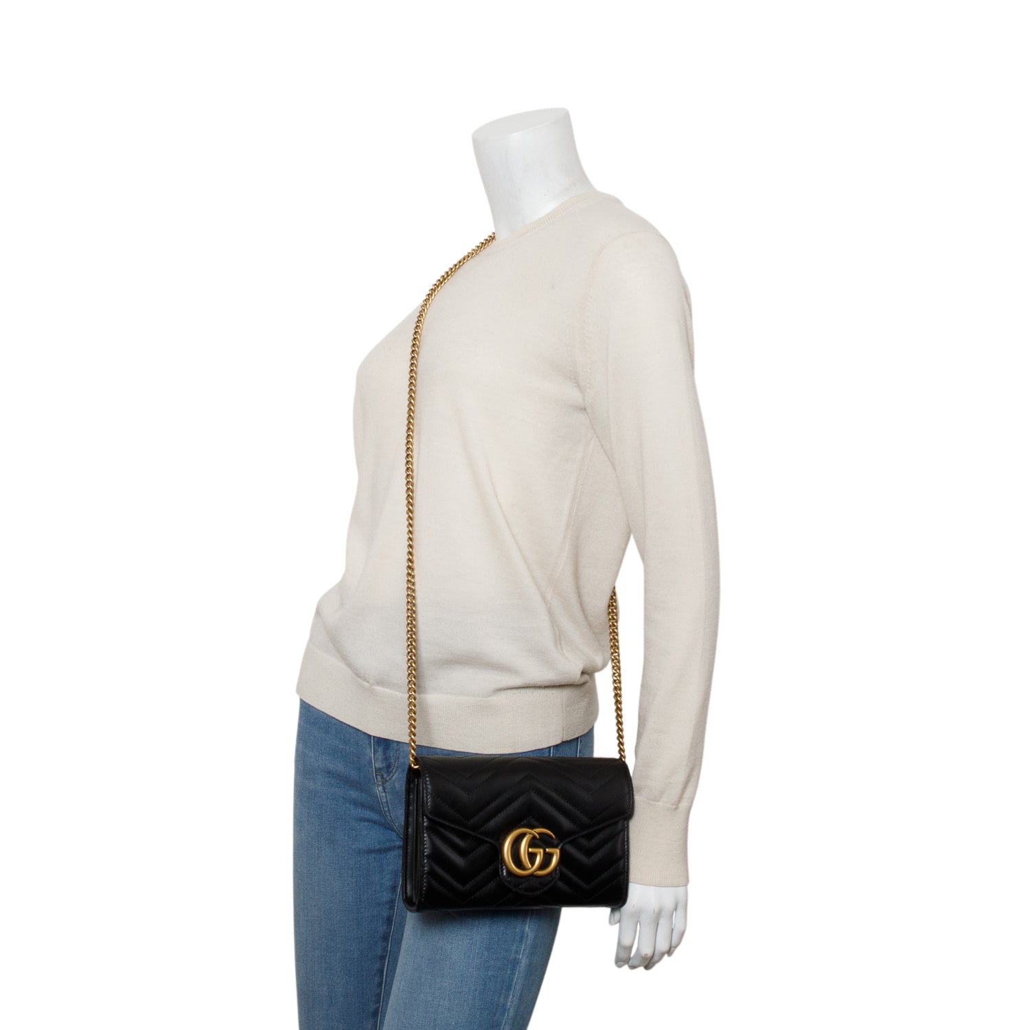 Gucci Black Calfskin Matelasse GG Marmont Wallet on Chain w/ Box