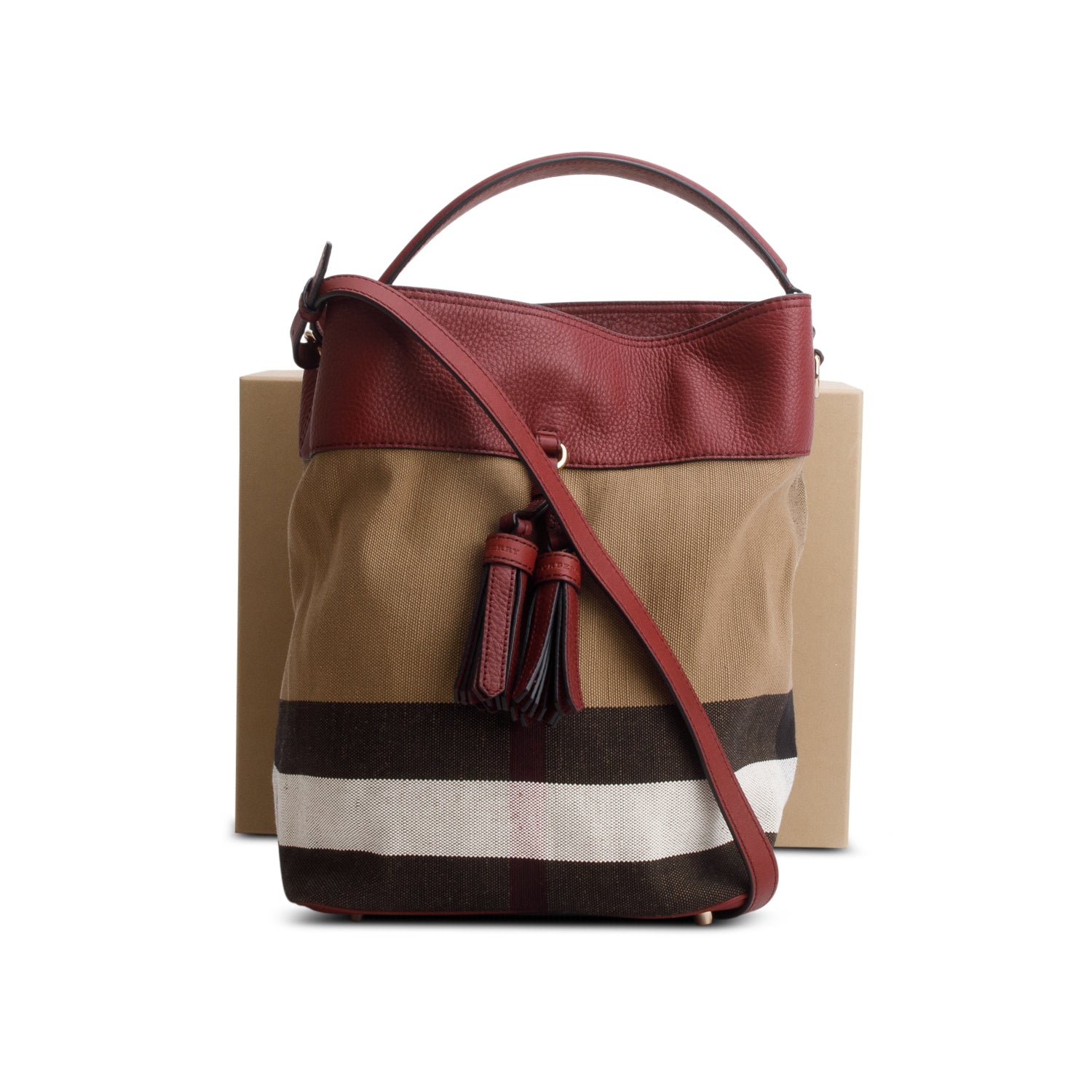 Burberry Mega Check Burgundy Leather Ashby Bucket Bag w/ Box, Receipt, Strap & Pouch