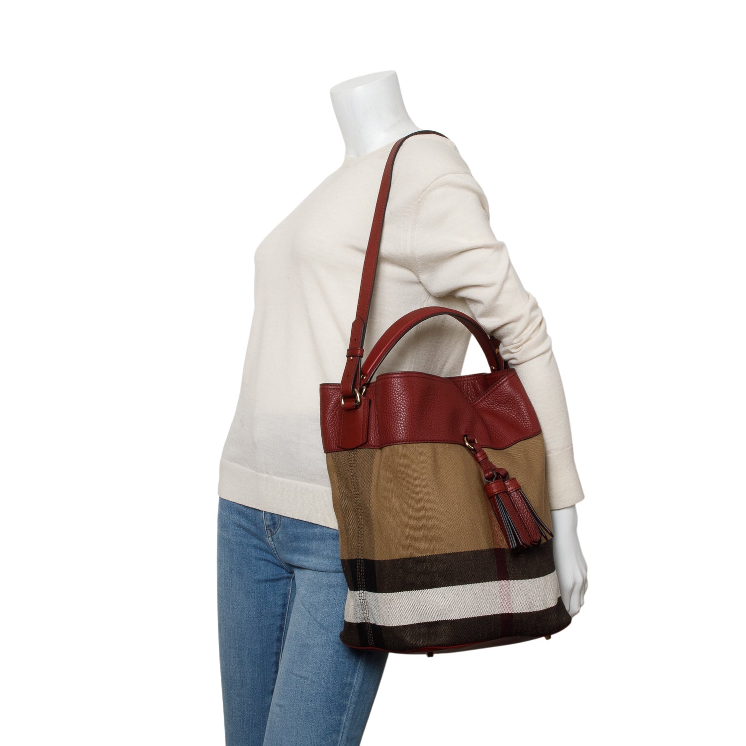 Burberry Mega Check Burgundy Leather Ashby Bucket Bag w/ Box, Receipt, Strap & Pouch