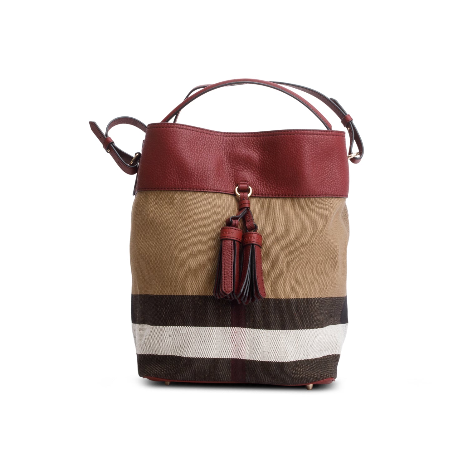 Burberry Mega Check Burgundy Leather Ashby Bucket Bag w/ Box, Receipt, Strap & Pouch