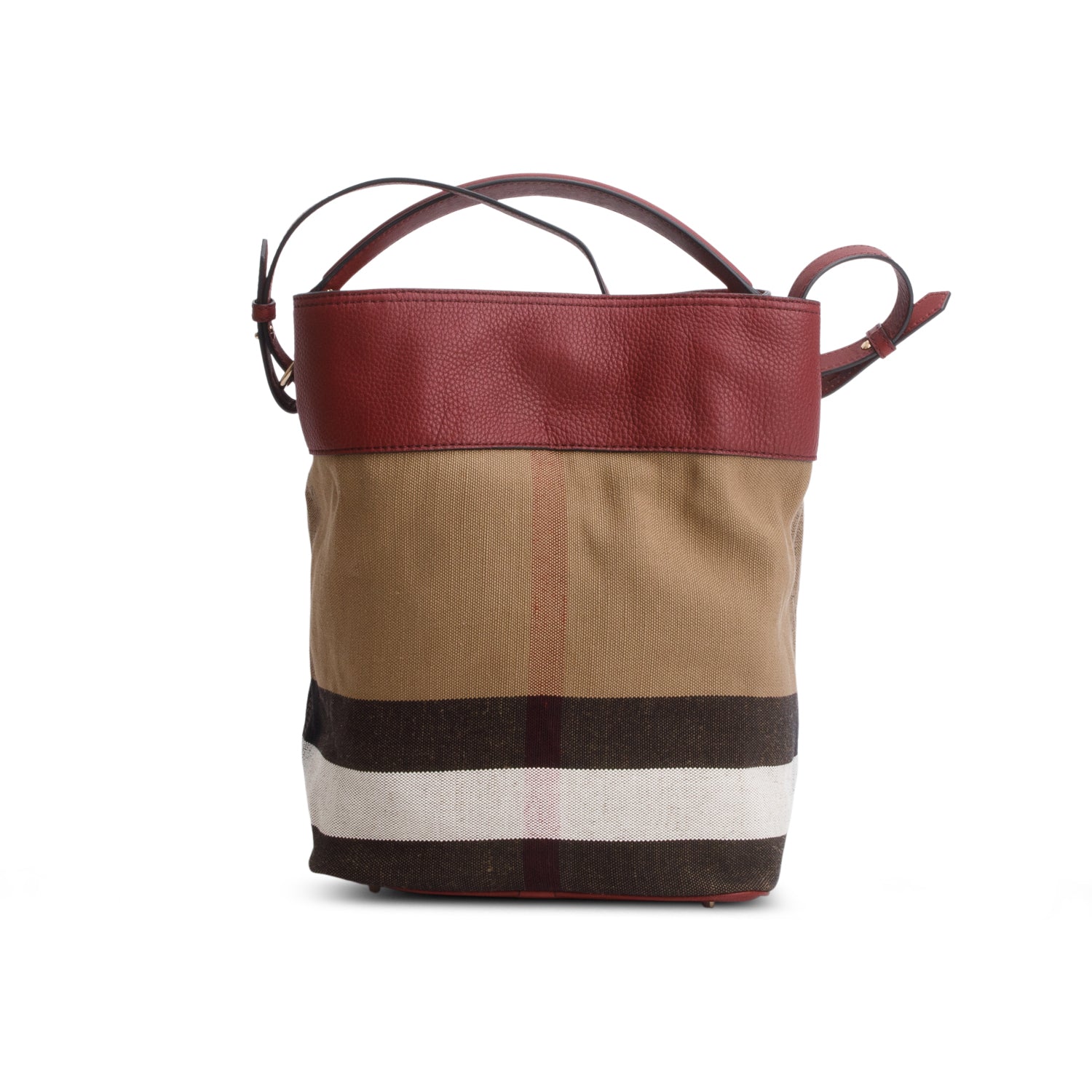 Burberry Mega Check Burgundy Leather Ashby Bucket Bag w/ Box, Receipt, Strap & Pouch