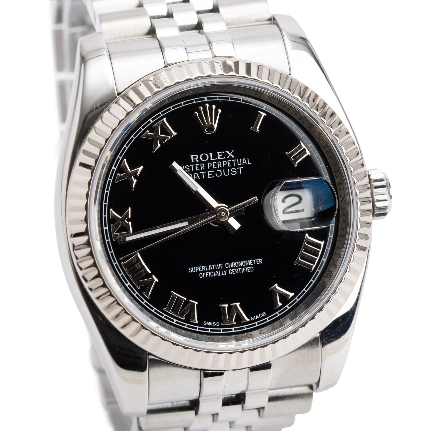 Rolex Stainless Steel Datejust 36 MM Roulette Date Window Automatic Watch Black Roman Dial 116234