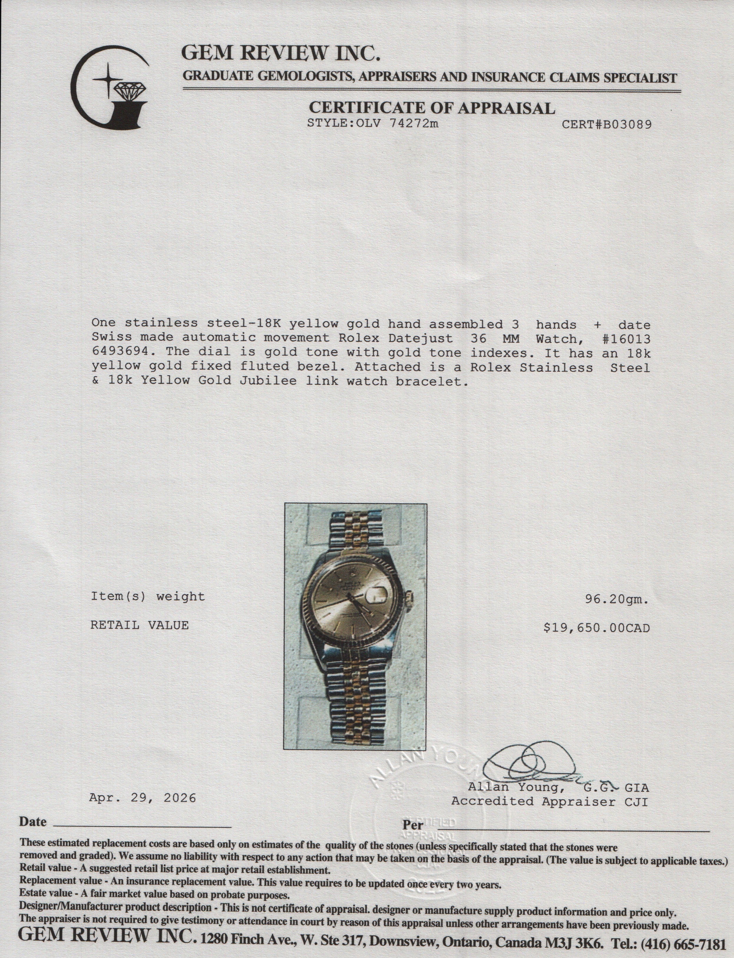 Rolex Stainless Steel & 18k Yellow Gold Datejust 36 MM Watch Gold Dial 16013 w/ Box & Papers