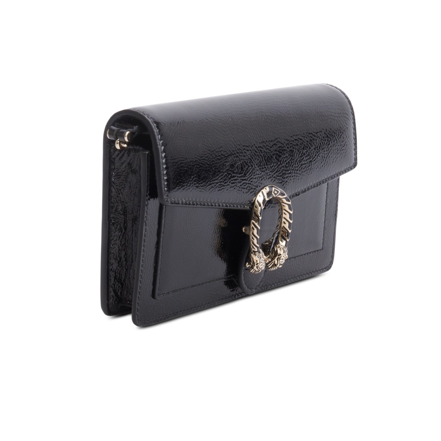 Gucci Black Crinkled Patent Leather Dionysus Wallet on Chain