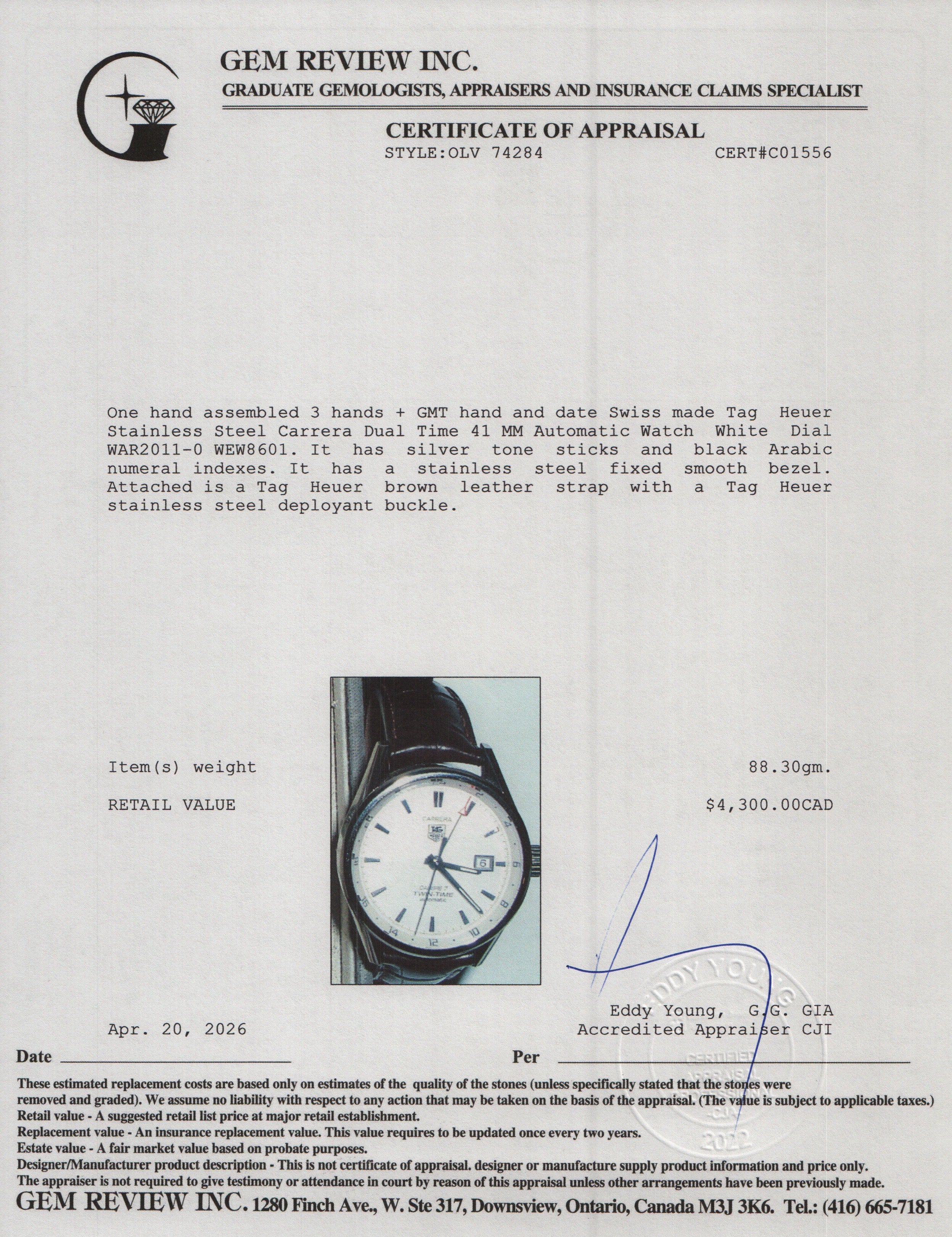 Tag Heuer Stainless Steel Carrera Dual Time 41 MM Automatic Watch White Dial WAR2011-0