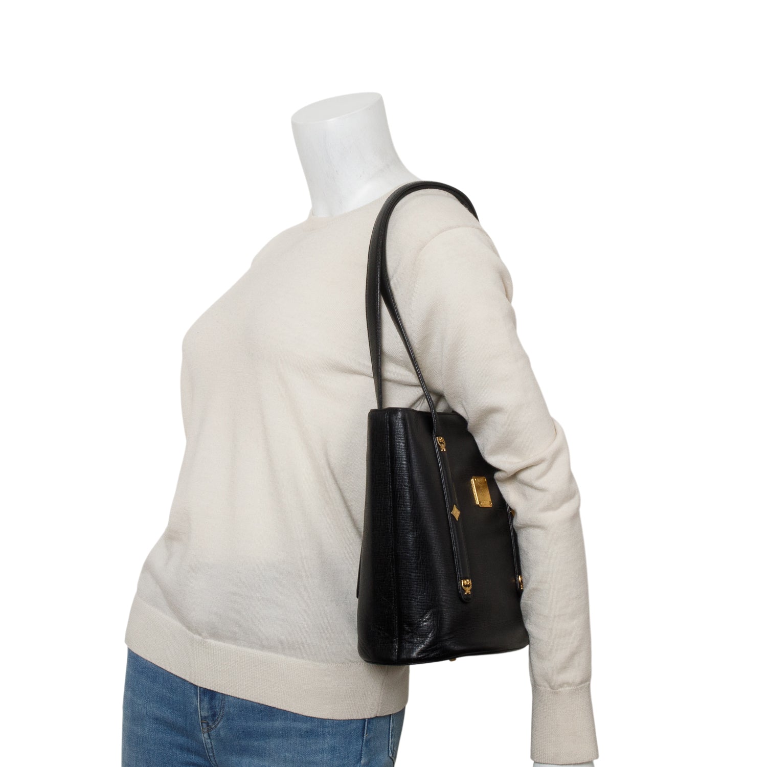 MCM Black Leather Studded Bucket Tote w/ Pouch