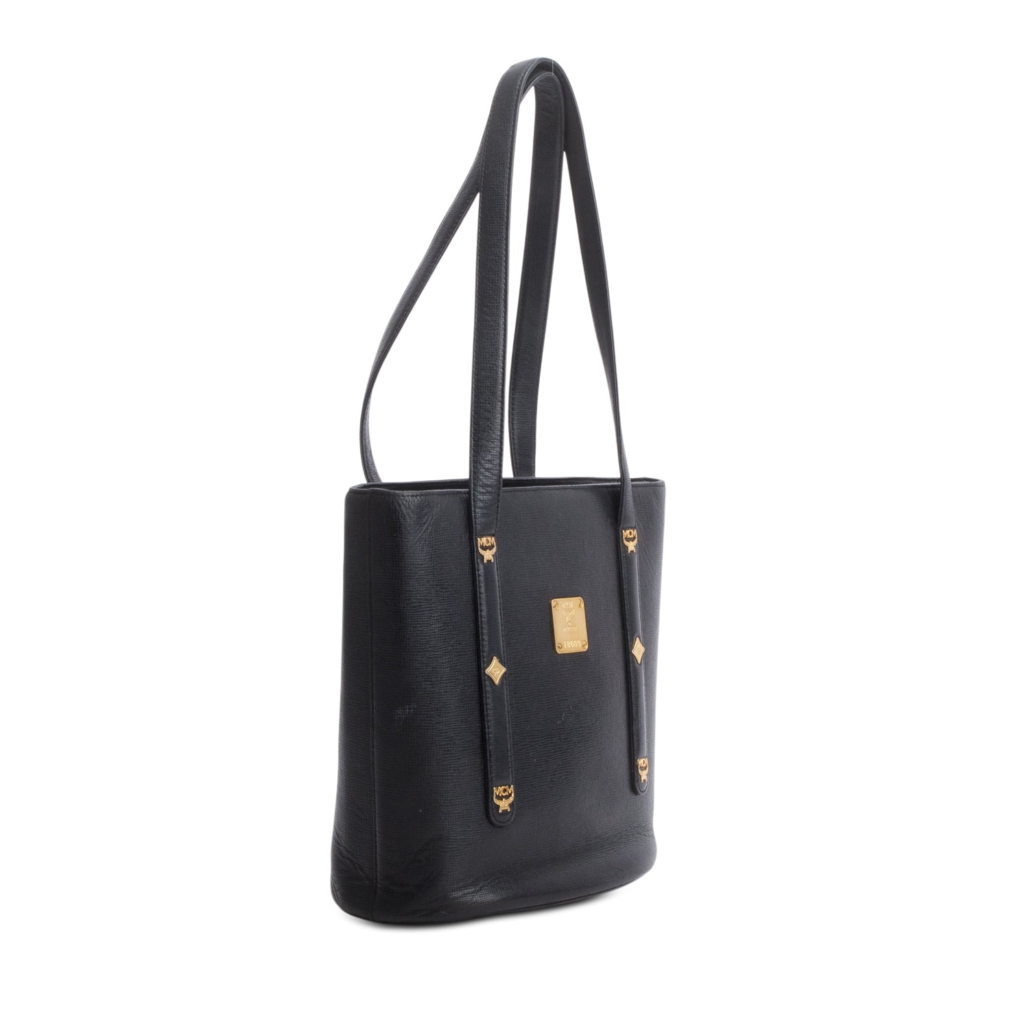 MCM Black Leather Studded Bucket Tote w/ Pouch