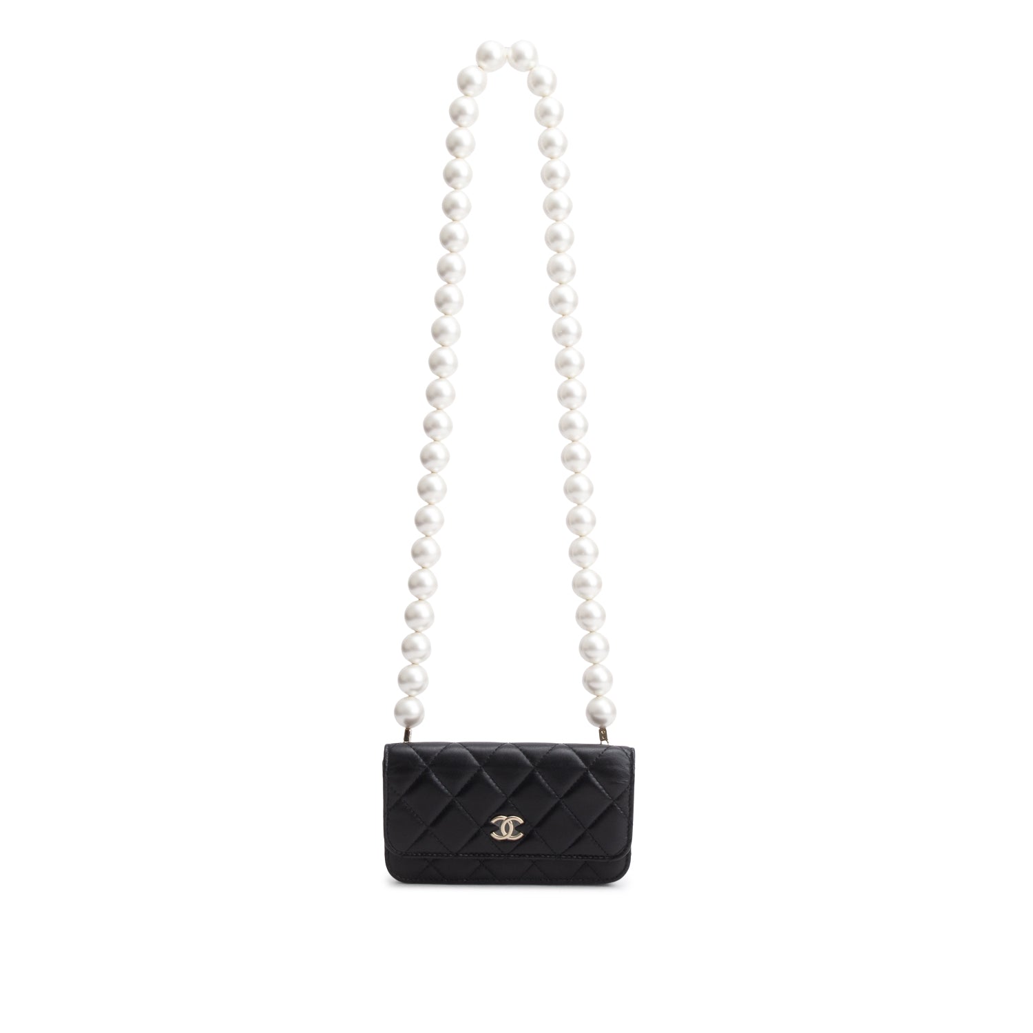 Chanel 2020 Black Lambskin Quilted Mini Pearl Wallet on Chain w/ Authenticity Card