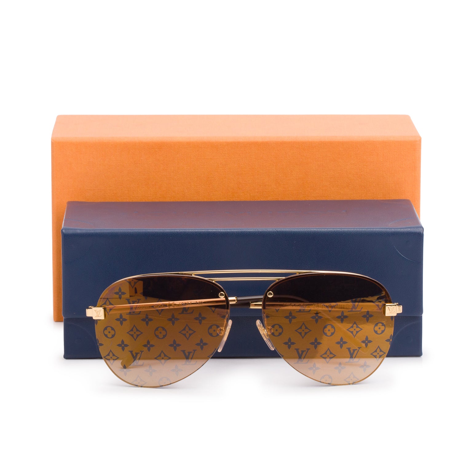 Louis Vuitton 2022 Z1020W Gold Tone Metal Monogram Clockwise Aviator Sunglasses w/ Box & Case